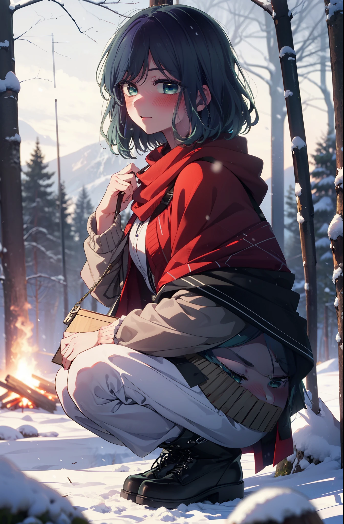 akanekurokawa, akane kurokawa, bangs, (Green Eyes:1.3), Blue Hair, Medium Hair, dark Blue Hair,smile,blush,White Breath,
Open your mouth,snow,Ground bonfire, Outdoor, boots, snowing, From the side, wood, suitcase, Cape, Blurred, , forest, White handbag, nature,  Squat, Mouth closed, Cape, winter, Written boundary depth, Black shoes, red Cape break looking at viewer, Upper Body, whole body, break Outdoor, forest, nature, break (masterpiece:1.2), highest quality, High resolution, unity 8k wallpaper, (shape:0.8), (Beautiful and beautiful eyes:1.6), Highly detailed face, Perfect lighting, Extremely detailed CG, (Perfect hands, Perfect Anatomy),