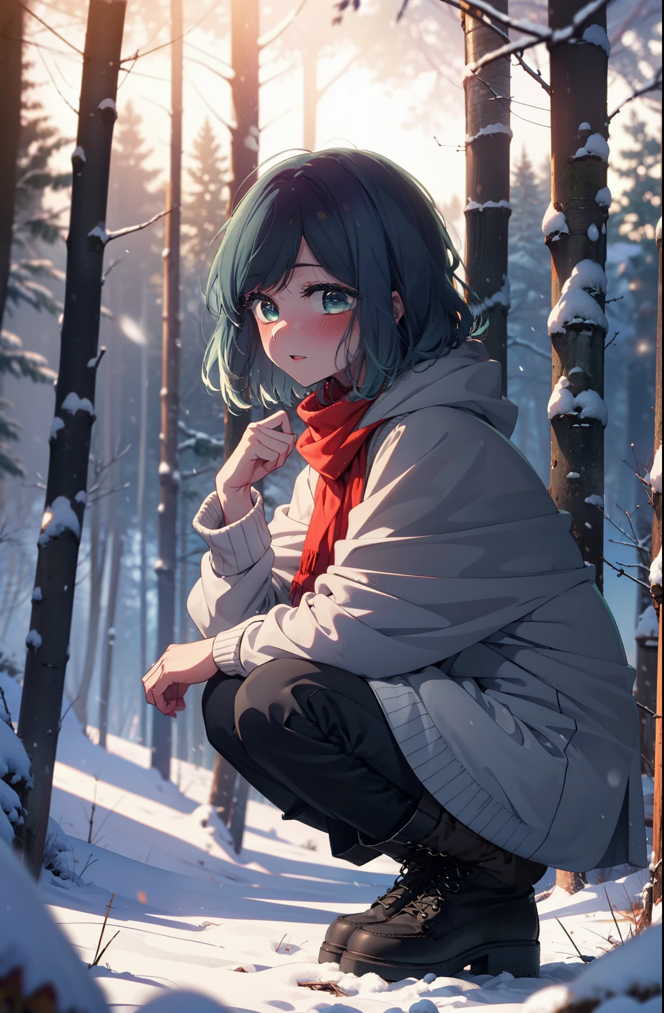 akanekurokawa, akane kurokawa, bangs, (Green Eyes:1.3), Blue Hair, Medium Hair, dark Blue Hair,smile,blush,White Breath,
Open your mouth,snow,Ground bonfire, Outdoor, boots, snowing, From the side, wood, suitcase, Cape, Blurred, , forest, White handbag, nature,  Squat, Mouth closed, Cape, winter, Written boundary depth, Black shoes, red Cape break looking at viewer, Upper Body, whole body, break Outdoor, forest, nature, break (masterpiece:1.2), highest quality, High resolution, unity 8k wallpaper, (shape:0.8), (Beautiful and beautiful eyes:1.6), Highly detailed face, Perfect lighting, Extremely detailed CG, (Perfect hands, Perfect Anatomy),