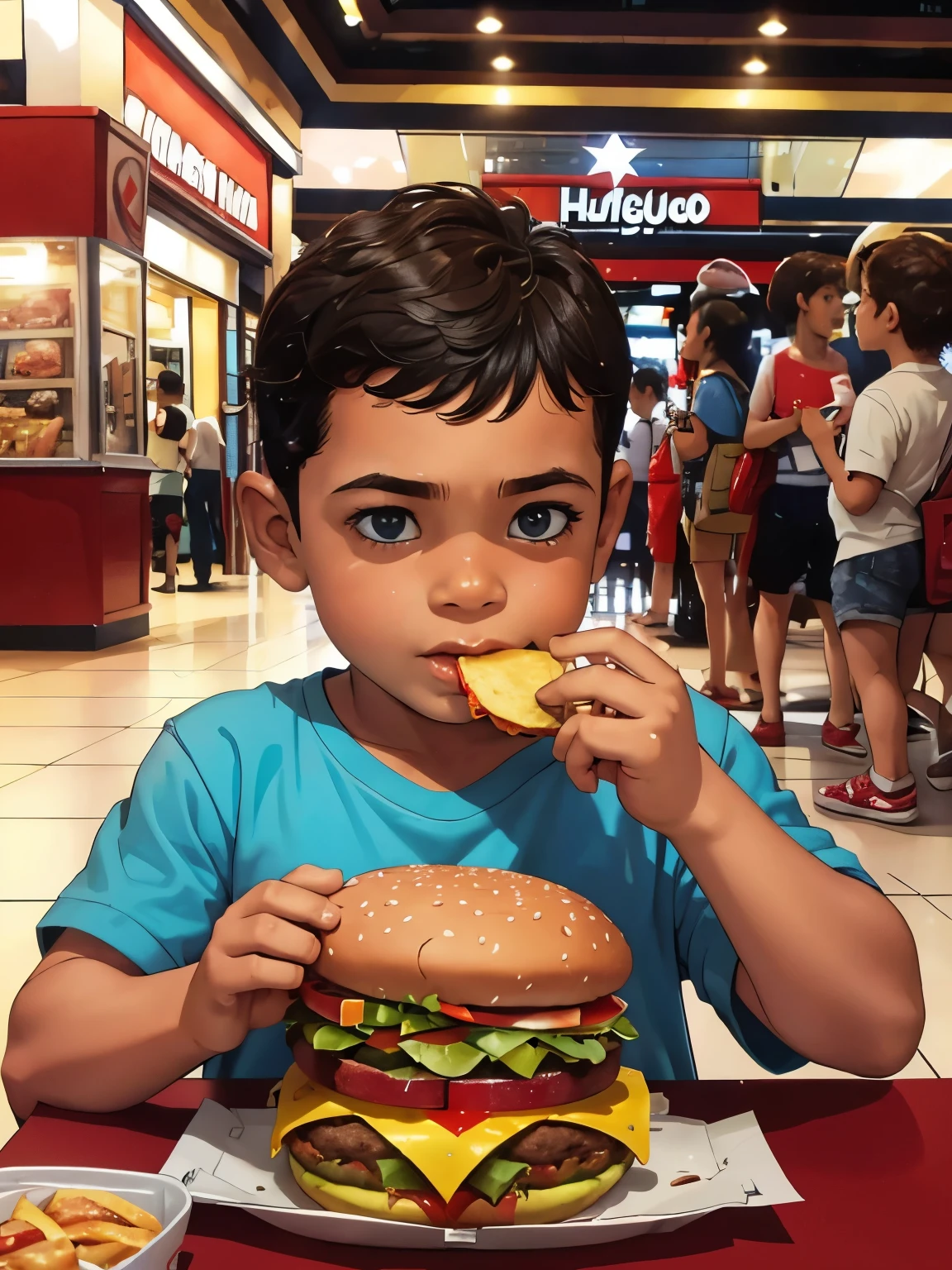 A **********, ***, eating a hamburguer in the mall, high definition, high quality, by Frank Miller