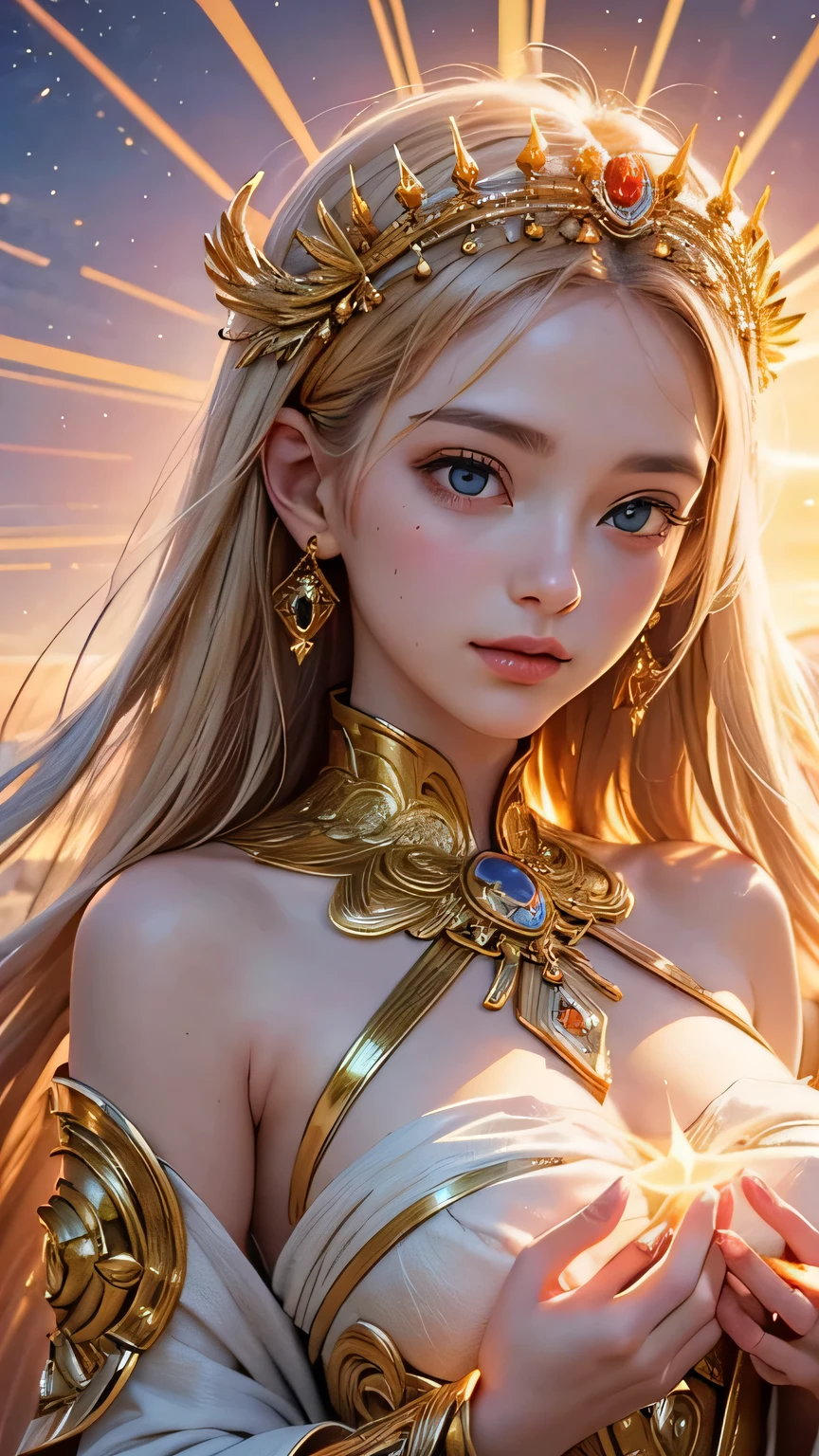 "Maiden of the Sun": Within a sacred sanctuary bathed in sunlight, depict the figure of a sun goddess, facing forward and emanating divine radiance, with golden hair, as she gazes towards us. Zoom in to focus on her face, with light orbs gleaming in her hands, representing the life-giving power of the sun. The background should be predominantly pink, evoking a sense of divine splendor. The setting is in heaven, enveloped in soft, bright light, where one can find tranquility and peace of mind, free from any trace of anxiety. Additionally, the light emanating from her hands should take the form of radiant hearts, resting gently on the palm of her hands.
