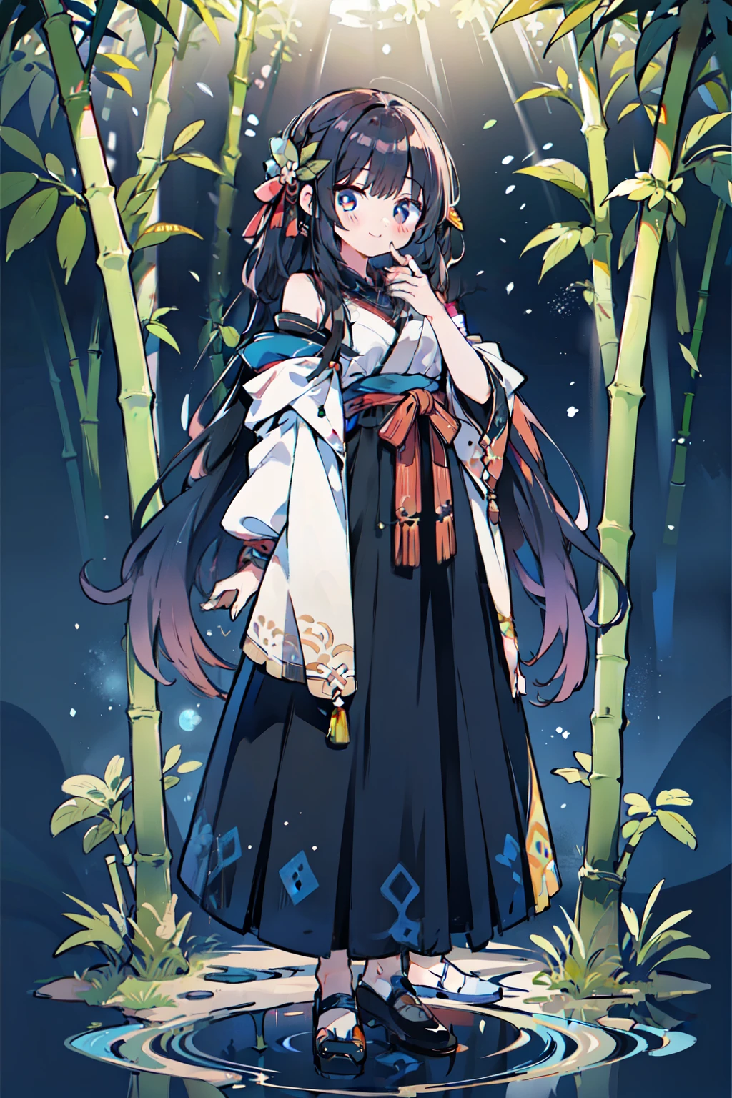 masterpiece、top-quality、Official Art、8k wallpaper、very detailed illustration、One Girl、((full bodyesbian、Standing picture:1.2))、Azure hair、length hair、A detailed eye、forrest、bare shoulders、Hanfu、lake、pure、Soft smile、bamboo、tea