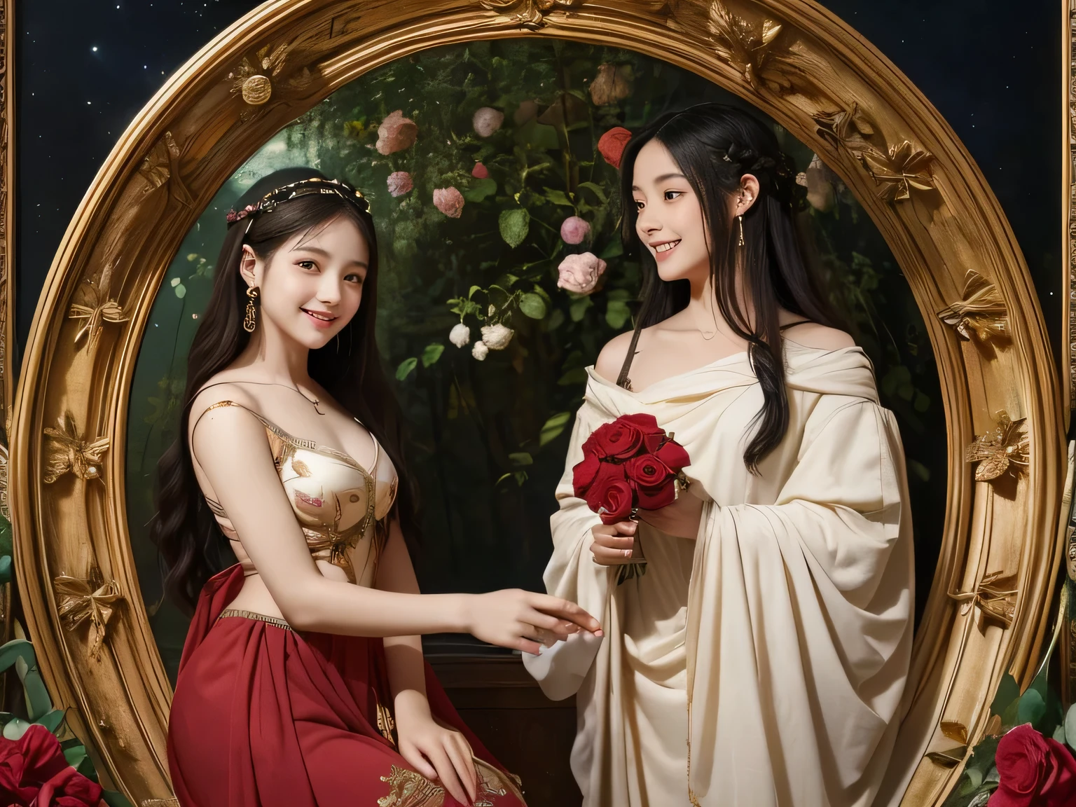 Giorgione painting style,Arguments of two female Philosophe,math、astronomical machine、astronaut、roses in vase、fruits、Cute trinkets、smile、ancient greek costume、Background is a forest lake at night 、Clothes that stretch your shoulders、A big smile、beautiful bare skin、A detailed representation of the seducing woman throughout her body.