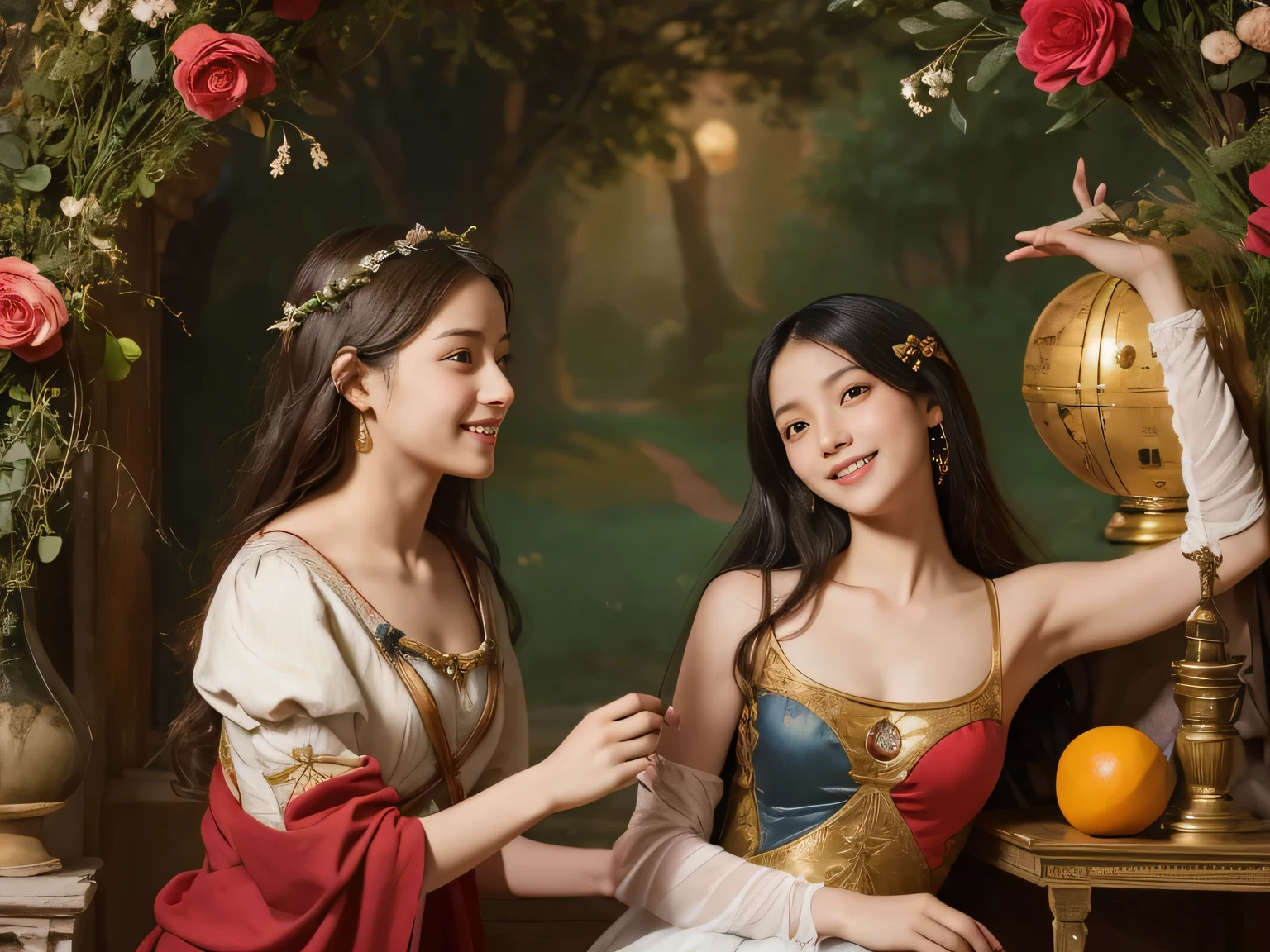 Giorgione painting style,Arguments of two female Philosophe,math、astronomical machine、astronaut、roses in vase、fruits、Cute trinkets、smile、ancient greek costume、Background is a forest lake at night 、Clothes that stretch your shoulders、A big smile、beautiful bare skin、A detailed representation of the seducing woman throughout her body.