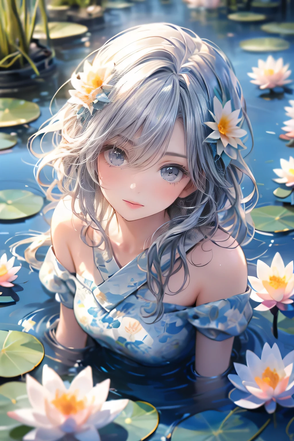 fisheye lens, multiple exposure, masterpiece:1.2, highest quality, 16k, highres, ultra-realistic, photorealistic:1.37, beautiful detailed:1.2, cute girl, standing on a bridge spanning a water lilies pond, wet hair:1.2, jet black long straight hair, blunt bangs, pond(colorful water lilies, full of water lilies), beautiful delicate elegant kimono with a water lilies motif, Beautiful and elegant pose, gently smile, beautiful delicate(hair, face, long eyelash, eyes, pupils, lips, kimono, water lilies, pond), sparkling eyes, shining rosy lips, blushed cheek, through bangs,