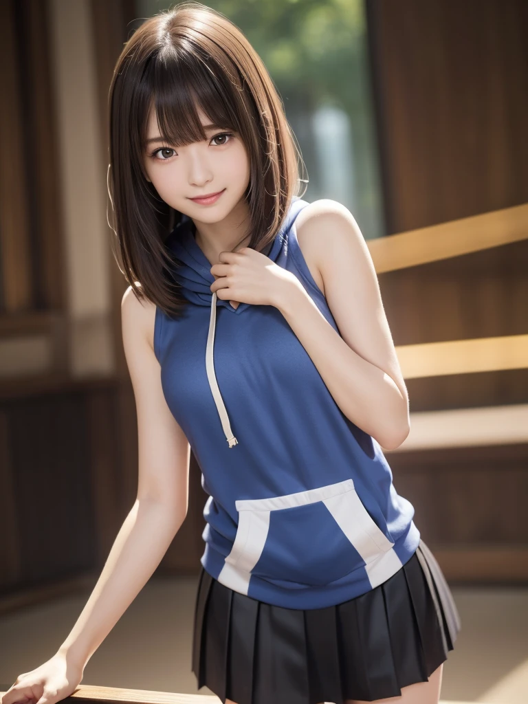 (8k, RAW Photos, highest quality, Tabletop:1.2), (Realistic, Photorealistic:1.4), (Highly detailed 8k wallpaper), Sharp focus, Depth of written boundary, Blur the background, Bokeh, Cinema Lighting, Soft Light, whole body, 1 girl,18 years old famous Japanese idol, Perfect female body, indoor, (Blue hoodie and black micro mini pleated skirt : 1.3), (Long, slender legs), (smile), Glossy lips, Beautiful fine details,Natural Makeup, Shiny and smooth light brown long bob hair, Asymmetrical bangs, Shiny skin, Center image, High resolution, Attention to detail, Detailed hairstyle, Detailed face, 素晴らしいCinema Lighting, Octane Rendering, Vibrant, Ultra-realistic, Perfect limbs, Perfect Anatomy