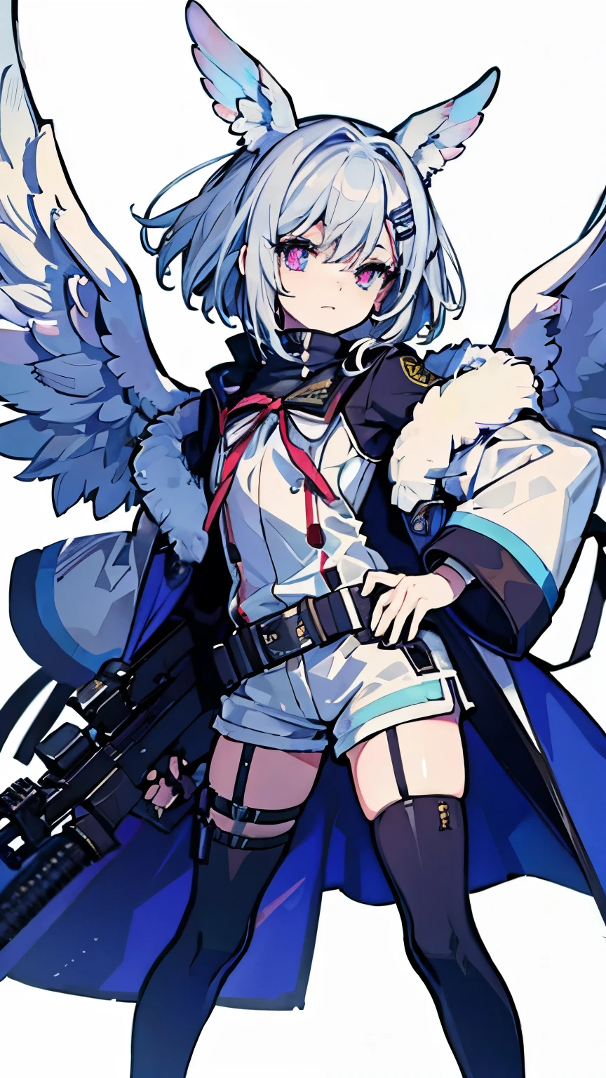 ((masterpiece, highest quality)), Detailed face, whole body, whiteのテーマ、Two angel wings from his waist、white色の背景, Standing in the Wilderness,Very detailed, One girl、Two small wings on the head,Medium hair,white_hair,Colored inner hair,Hair Clip,turtleneck,Fur coat,Overcoat,Fur-trimmed sleeves,Short shorts,Thigh straps,Ankle socks,Ankle boots,Food,elongated pupils,Silver Eyes,Detailed and sophisticated,Absurd,深さ of field,Legwear with ribbon trim,Has an assault rifle