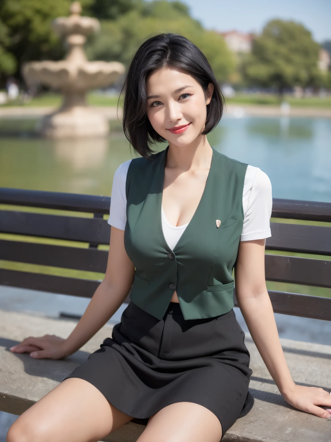 最high quality, In 8K, Masseter region, Vibrant, Sharp focus, high quality, High resolution, Detailed face, fine grain, Thick lips, (Looking at the audience), alone, Beautiful woman, 30 years old, Japanese women, ((Short black hair:1.4))、(Bob Hair:1.4), Cleavage, Lunch break、Large city park、Green Grass、In front of a big fountain、(sitting on a park bench:1.3)、(Full body photo:1)、(A woman wearing office clothes:1.5)、(Wearing a vest:1.3)、(Knee-length skirt:1.5)、(Black pumps:1.5)、(Red lipstick:1)、(smile:1.3)、(standard body type)、(D cup breasts)