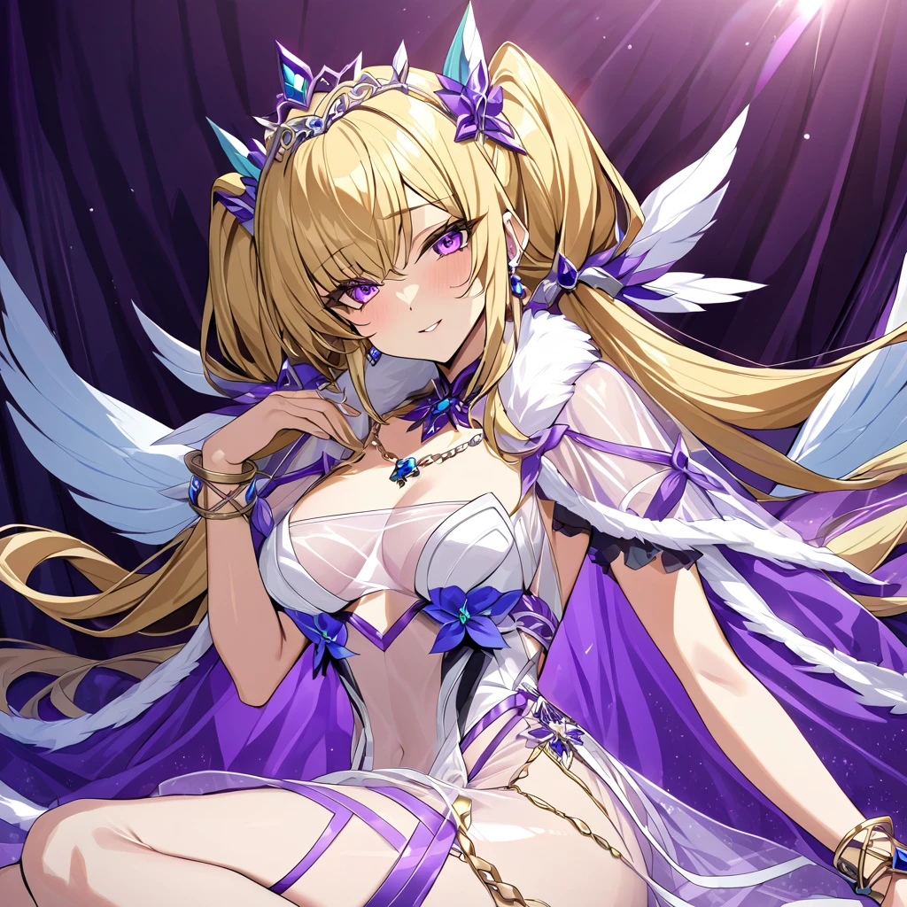 ((highest quality)), ((masterpiece)), (detailed), （Perfect Face）、The woman is an Extia Spica with long blonde hair tied in two ponytails.、A gorgeous purple long slit see-through dress that lets you see right through to the skin, a see-through cape with fur, a necklace with jewels, a tiara, earrings, a head dress-up chain, a waist chain, bracelets, ankle bracelets, etc.々She wears lavish jewelry and shiny purple boots.