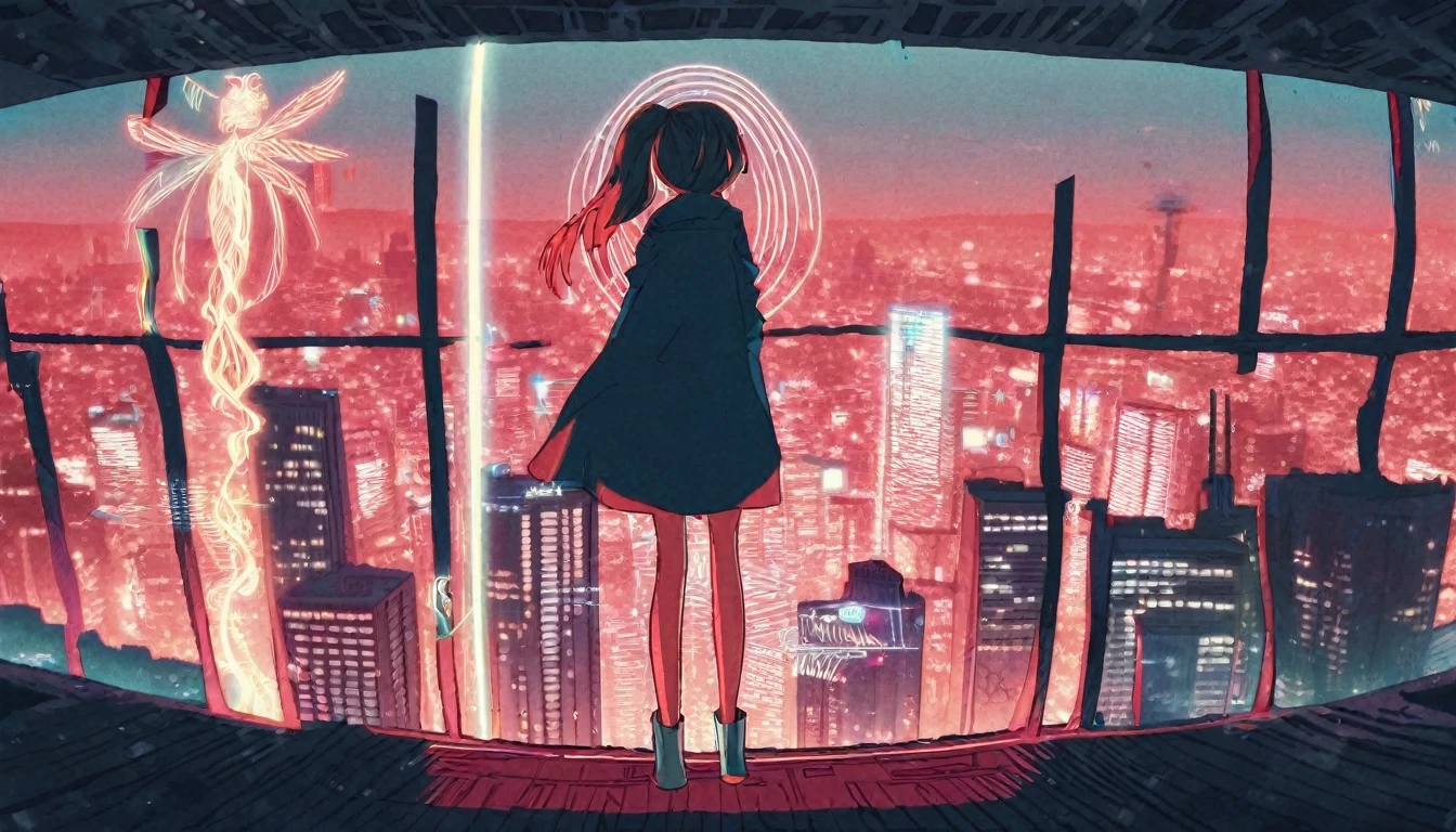 (Contributor: tsvbvra),
1girl The protagonist stands at the top of a towering skyscraper, A giant hologram of a girl is projected into the night sky of a futuristic city.. The city&#39;s neon lights and illuminated tunnels、Contrast that with realistic holographic images.。, Captivate your characters with these fascinating and endless possibilities, An AI-enhanced world