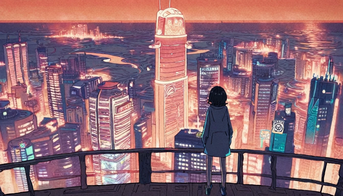 (Contributor: tsvbvra),
1girl The protagonist stands at the top of a towering skyscraper, A giant hologram of a girl is projected into the night sky of a futuristic city.. The city's neon lights and illuminated tunnels、Contrast that with realistic holographic images.。, Captivate your characters with these fascinating and endless possibilities, An AI-enhanced world