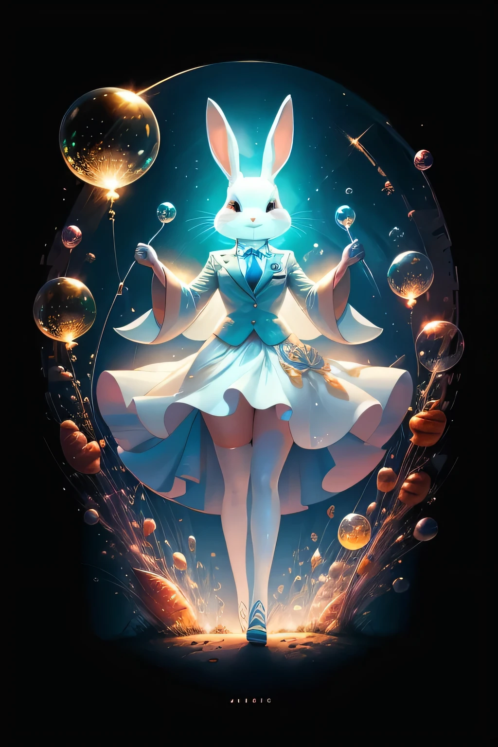 High-Definition 16:9 Image: A Whimsical Nightscape in a Sci-Fi Carrot Garden
In this captivating image, a cheerful white bunny, donned in a striking blue suit and tie, is depicted in a wide-angle shot, bounding towards the sky amidst a fantastical garden of carrots. The carrots are not ordinary – they are filled with radiant, happy glittering bubbles that float gently, adding a magical touch to the scene.
As the bunny hops, flying cars move gracefully in the sky, creating a surreal contrast between the traditional and the futuristic. The backdrop is a tranqu