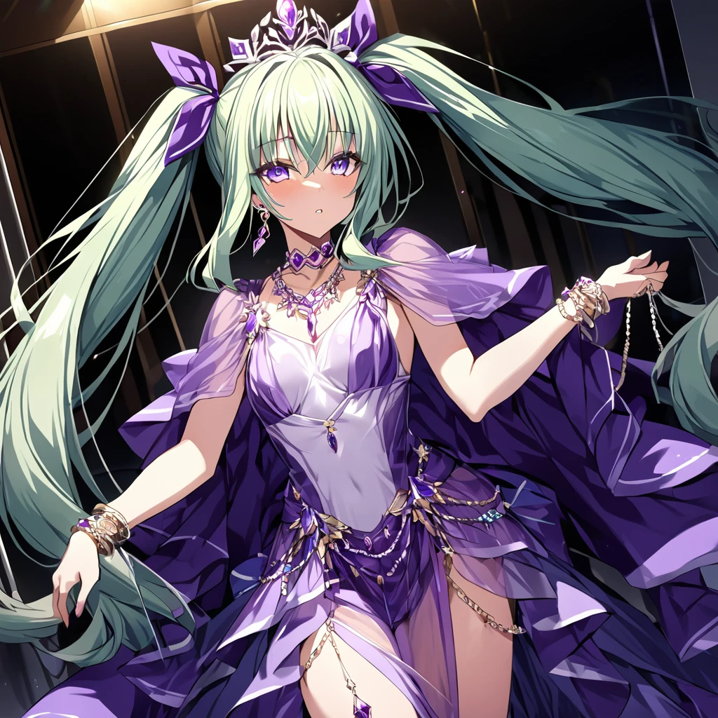 ((highest quality)), ((masterpiece)), (detailed), (Perfect Face)、The woman is Extia Flora, with light green hair in semi-long twin tails.、A gorgeous purple long slit see-through dress that lets you see right through to the skin, a see-through cape with fur, a necklace with jewels, a tiara, earrings, a head dress-up chain, a waist chain, bracelets, ankle bracelets, etc.々She wears lavish jewelry and shiny purple boots.