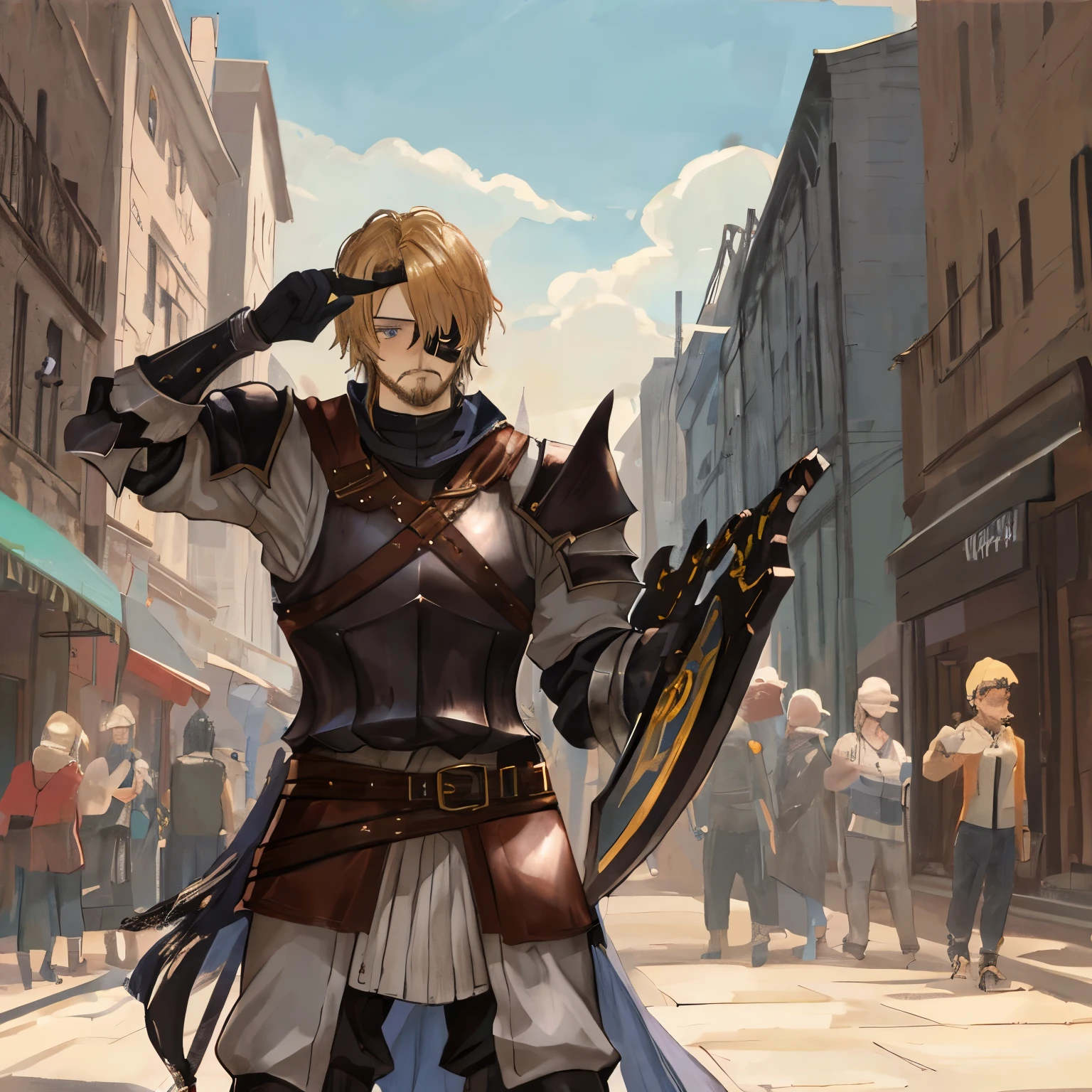 Masterpiece, Best Quality, Ultra-Detailed, 1man, A warrior with short blond hair, blue eyes, left eye covered by an eye patch, short beard, strong and tall, wears black plate armor, wielding a large shield and a long sword in position and combat and a serious look. Anime art style, excellent quality, medieval city in the background