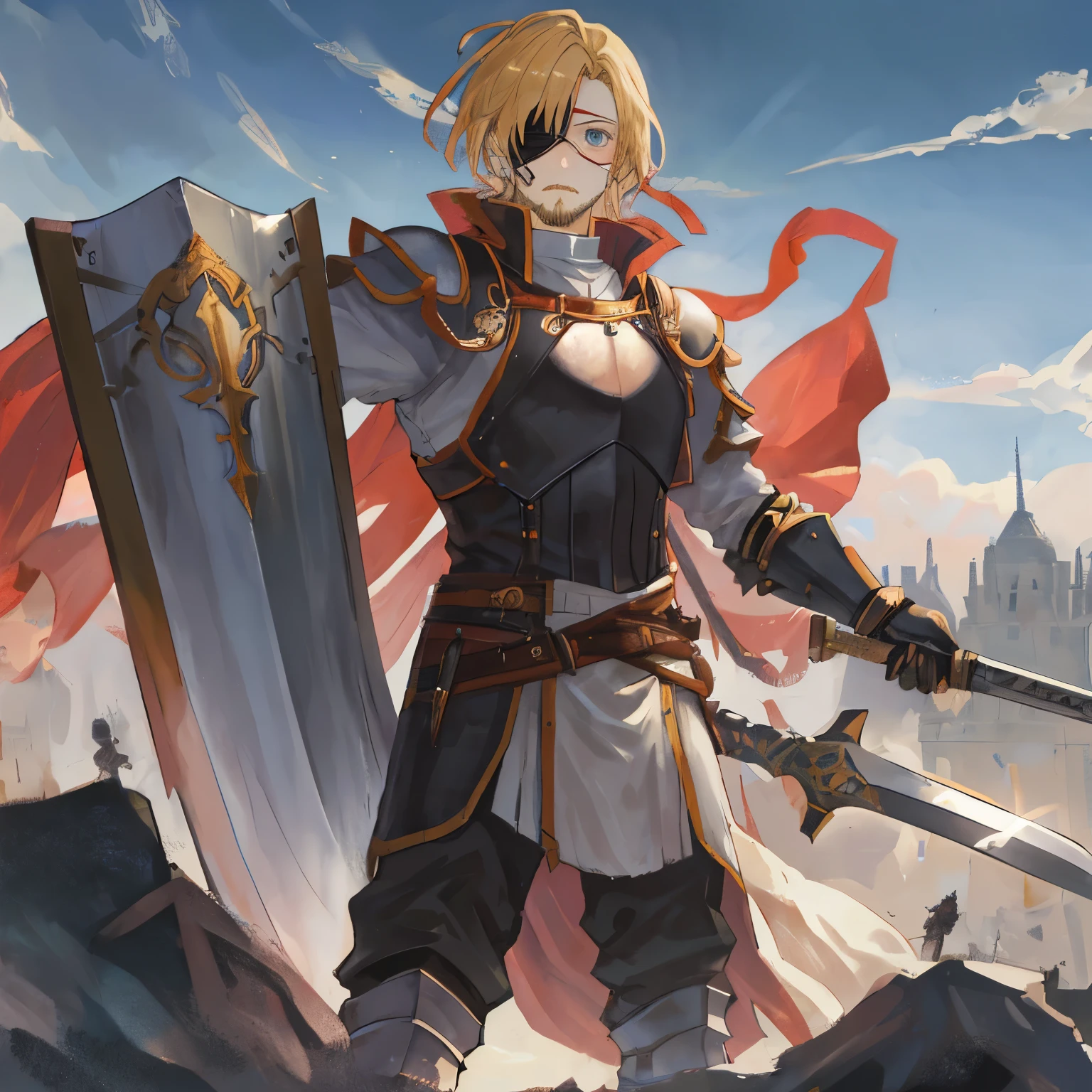 Masterpiece, Best Quality, Ultra-Detailed, 1man, A warrior with short blond hair, blue eyes, left eye covered by an eye patch, short beard, strong and tall, wears black plate armor, wielding a large shield and a long sword in position and combat and a serious look. Anime art style, excellent quality, medieval city in the background