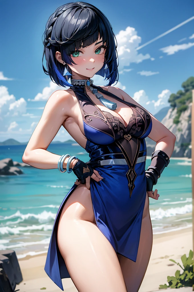 (masterpiece, best quality:1.2), expressive eyes, perfect face, highres, 1girl, solo, yelanrnd, aayelan, short hair, bob cut, braid, green eyes, earrings, neck tassel, cleavage, blue dress, sleeveless, bracelet, asymmetrical gloves, fingerless gloves, elbow gloves, pelvic curtain, beach, smiling, hands on hips, standing, cowboy shot, looking at the viewer