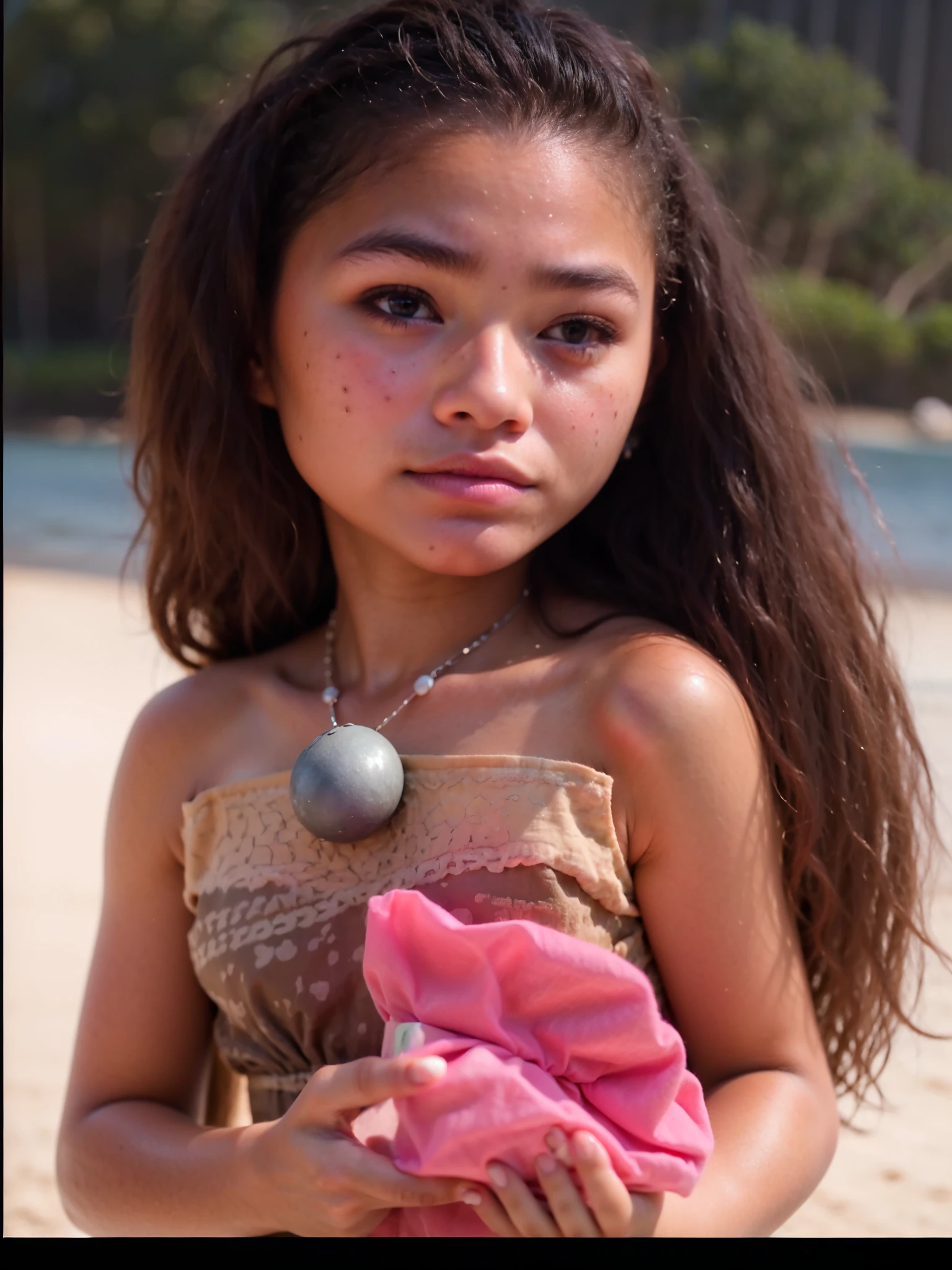 Portrait of a girl, wearing a diamond necklace, curly hair, messy hair, beach background, (highly detailed face:1.4) (smile:0.7) (background inside dark, moody, private study:1.3) POV, by lee jeffries, nikon d850, film stock photograph ,4 kodak portra 400 ,camera f1.6 lens ,rich colors ,hyper realistic ,lifelike texture, dramatic lighting , cinestill 800