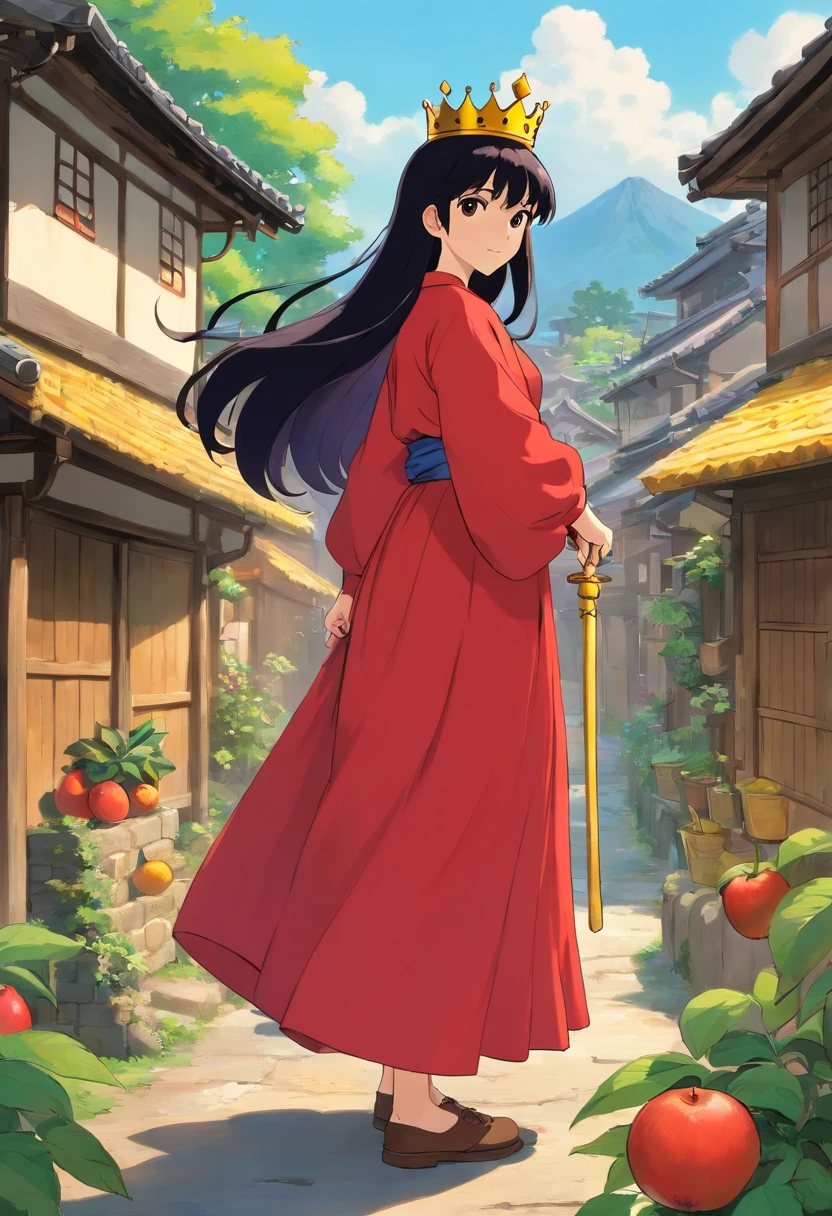 A king Man (male) wearing a simple full red sleeves and Long skirt red, long black hair with golden crown, selling fruits, holding a yellow staff in a middle of a japanese village.
