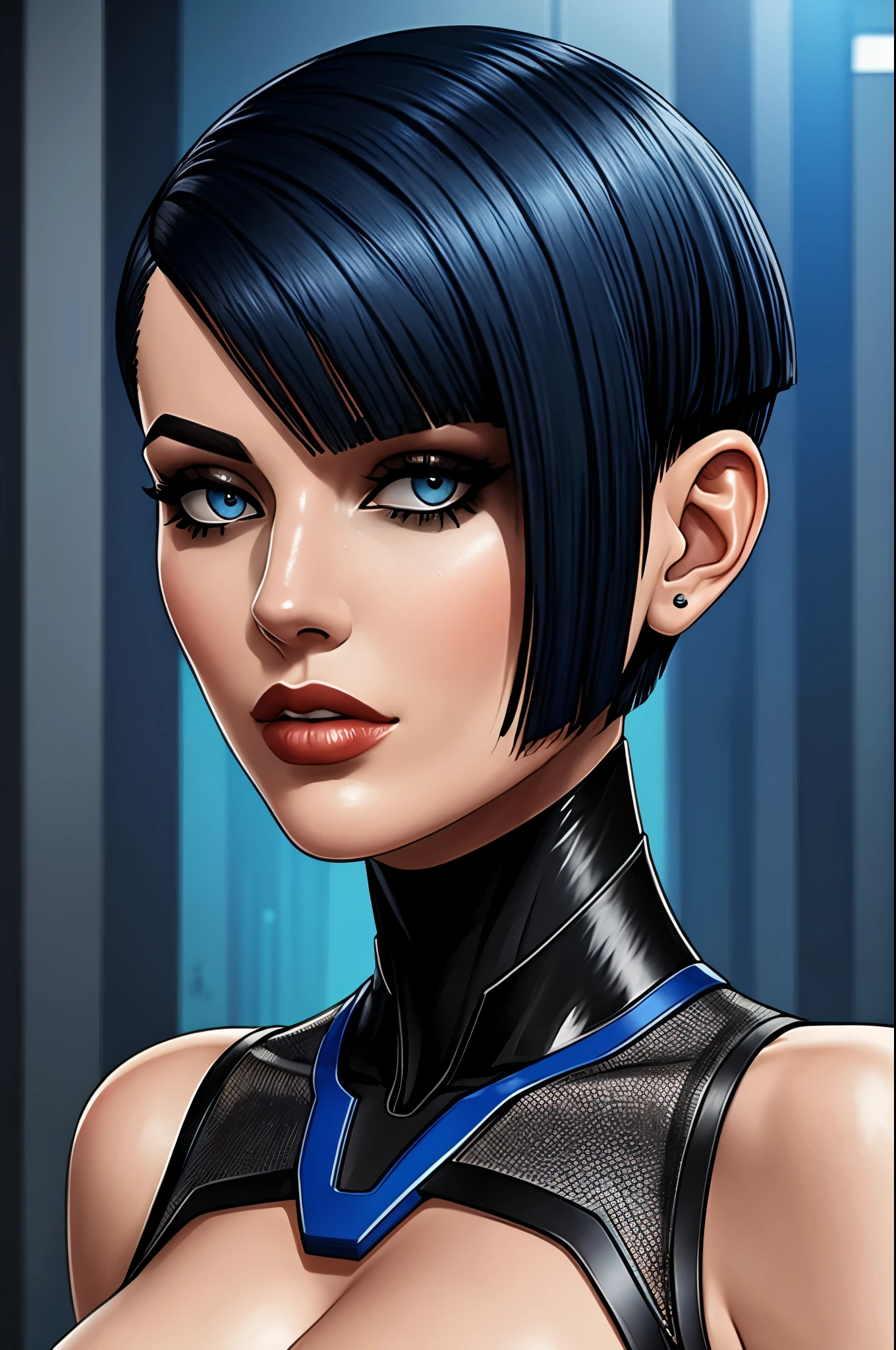 Blue black hair, bobcut, undercut, severe futuristic dress