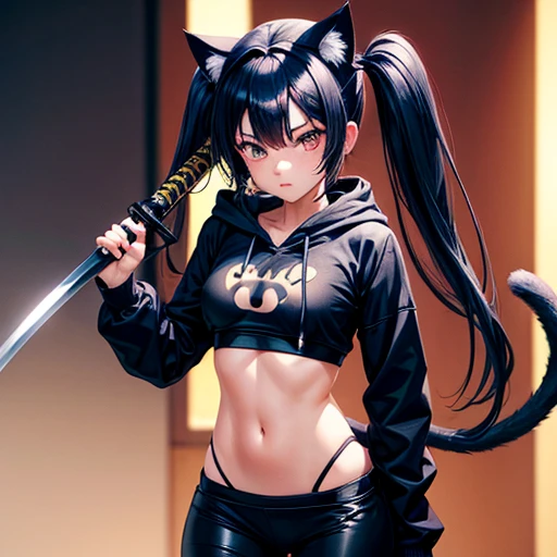 A girl with dark blue hair, cat ears and a tail, wearing a black bikini and racing pants　Loli body type　　Twin tails　　　　Flat Chest　Wearing a hoodie　Butt in detail　holding a ninja sword　