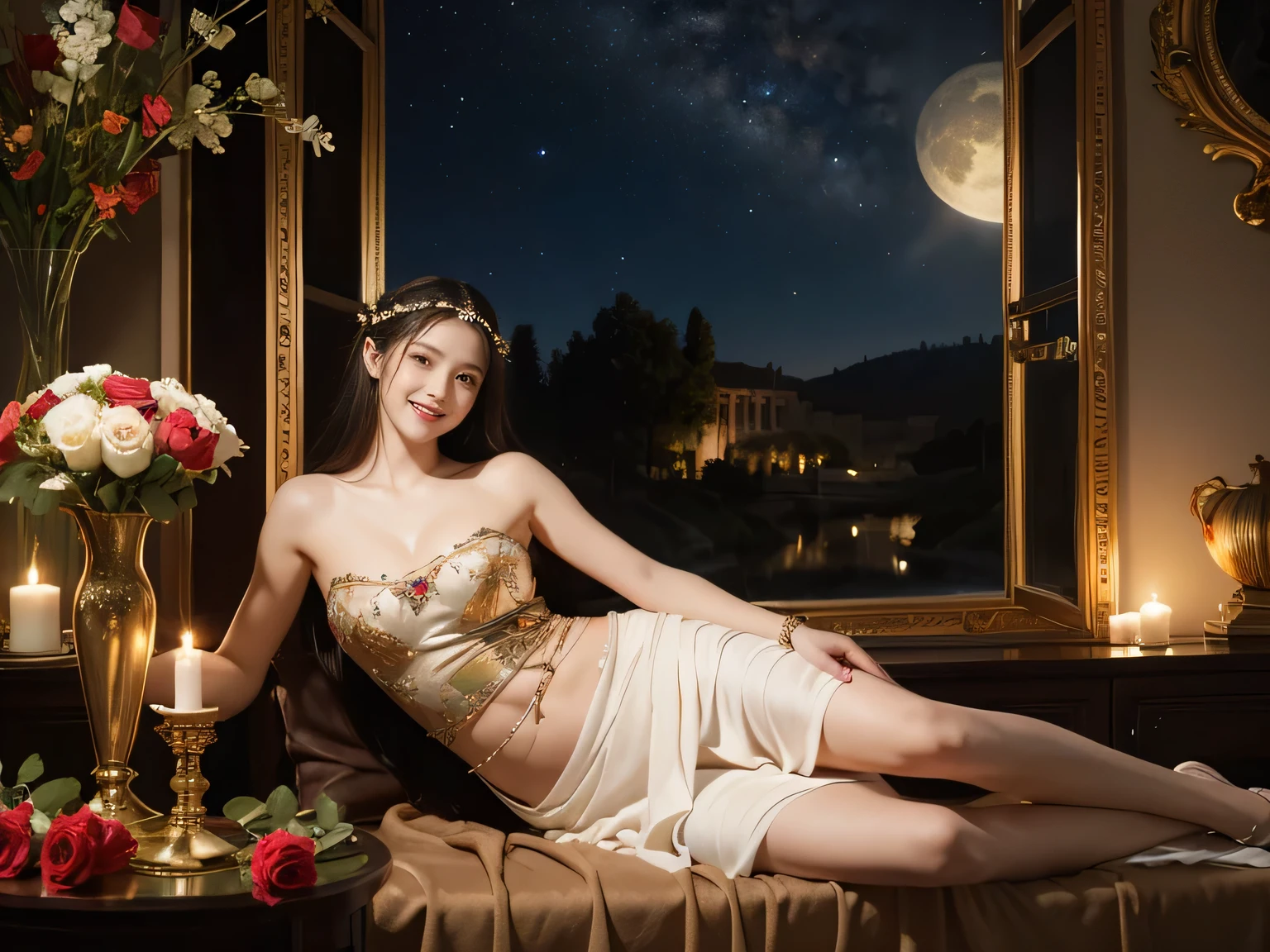 James Whistler painting style,Arguments of two female Philosophe,math、astronomical machine、astronaut、roses in vase、fruits、Cute trinkets、smile、ancient greek costume、Background is a forest lake at night 、Clothes that stretch your shoulders、A big smile、beautiful bare skin、A detailed representation of the seducing woman throughout her body.sexy,erotic smile