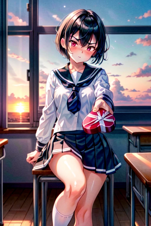 masterpiece, highest quality, sunset, Cowboy Shot, View from below, One girl, Black Hair, short hair, High Ponytail, Medium chest, sitting on desk, Crossing your legs, white sailor fuku, Blue Plate Skirt, Black socks, 
Middle finger,
 IncrsGift, incoming gift,
 ((Disgust)), View Viewer, Ruby Red Eyes,
In the classroom,