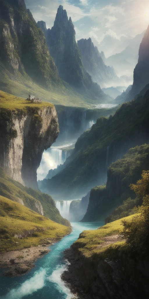 masterpiece, best quality, high quality, Extremely detailed CG unity 8k wallpaper, landscape, outdoor, Sky, cloud, Sky, No humans, Mountain, landscape, water, Tree, blue Sky, waterfall, cliff, nature, lake, river , cloudy skies, Award-winning photography, Bokeh, Depth of Field, HDR, bloom, Chromatic Aberration, Photorealism, Very detailed, Popular on artstation, Popular on CGsociety, Wheels within wheels, High Detail, Dramatic, Art on the go