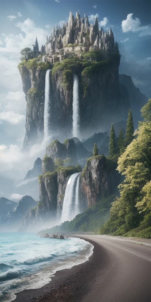 masterpiece, best quality, high quality, Extremely detailed CG unity 8k wallpaper, landscape, outdoor, Sky, cloud, Sky, No humans, Mountain, landscape, water, Tree, blue Sky, waterfall, cliff, nature, lake, river , cloudy skies, Award-winning photography, Bokeh, Depth of Field, HDR, bloom, Chromatic Aberration, Photorealism, Very detailed, Popular on artstation, Popular on CGsociety, Wheels within wheels, High Detail, Dramatic, Art on the go