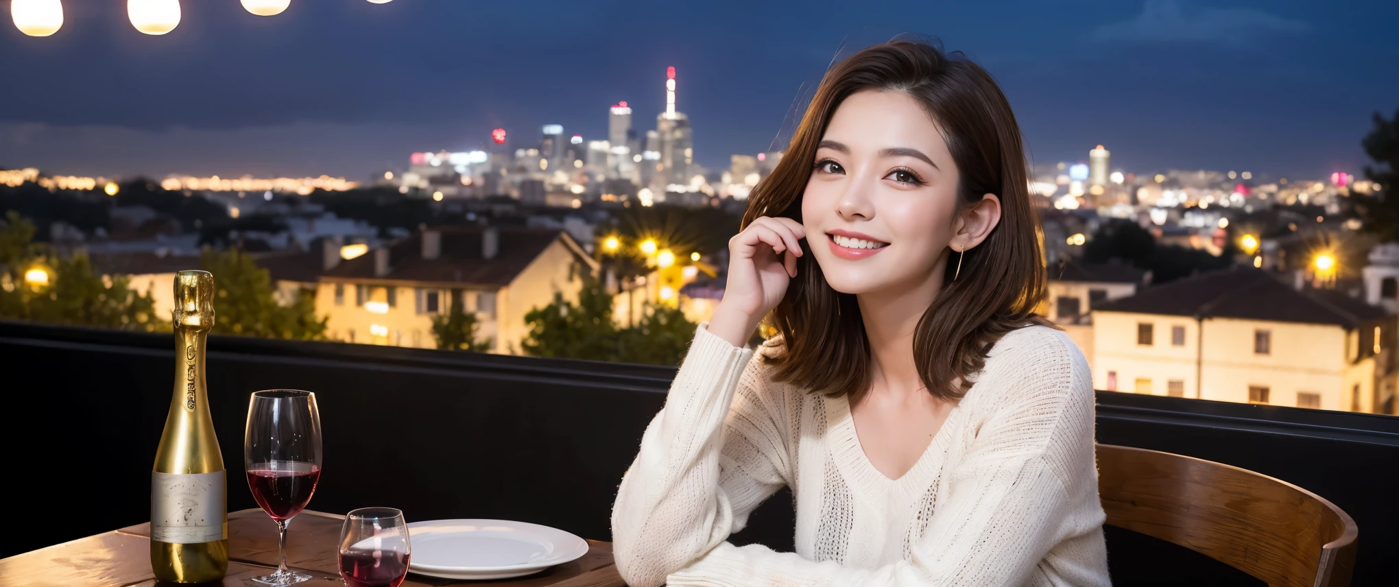 (highest quality、8k、masterpiece:1.3)、Beautiful woman with perfect figure:1.4、Dark brown hair、wine 、2 people、Knit dress、Highly detailed face and skin、fine grain、double eyelid、Wine glass on the table、Facial Lighting、 Amazing view of the sunset sky and clouds、Amazing mountain views、Laugh brightly、Smiling lovely woman、Bright image、The beauty of wine, Beautiful Face, blue eyes, Blushing, short hair,Bright Face、 (36 years old), 39 years old, Lady、Red wine 、Appetizers、Italian food、Wine Bottle、Champagne、Sparkling wine、Two beauties、Brown Hair、Shortcuts、Long sleeve shirt、dress、Pretty Woman 1, (Slim face), (The body is slim), (Brown Hair), (Shortcuts), cheeks turn a little red,Attractive beauty、, Out of the window, A beautiful and detailed night view unfolds.........., restaurant, In a prominent place (From the waist up) Nova Frog Style, actress, model, Upper Body, White wine, slim, Wine Glass,
