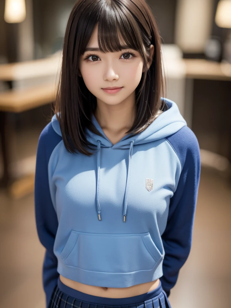 (8k, RAW Photos, highest quality, Tabletop:1.2), (Realistic, Photorealistic:1.4), (Highly detailed 8k wallpaper), Sharp focus, Depth of written boundary, Blur the background, Bokeh, Cinema Lighting, Soft Light, whole body, 1 girl,18 years old famous Japanese idol, Perfect female body, indoor, (Blue hoodie and black micro mini pleated skirt : 1.3), (Long, slender legs), (smile), Glossy lips, Beautiful fine details,Natural Makeup, Shiny and smooth light brown long bob hair, Asymmetrical bangs, Shiny skin, Center image, High resolution, Attention to detail, Detailed hairstyle, Detailed face, 素晴らしいCinema Lighting, Octane Rendering, Vibrant, Ultra-realistic, Perfect limbs, Perfect Anatomy