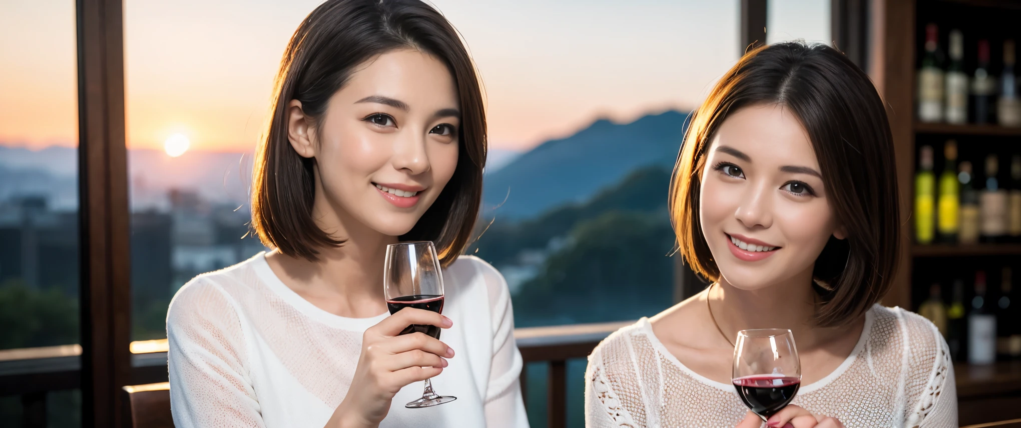 ((highest quality、8k、masterpiece:1.3))、1 male、1 female、Couple、Spouse、Couple、The body is slim、((Bob Hale、Straight hair:1.2)), (Realistic, Intricate details:1.2), テーブルの上のwine glass、Put the light on your face、 Amazing view of the sunset sky and clouds、Amazing mountain views、A bright smile、The wonderfulness of smile、Bright image、The beauty of wine, Beautiful Face, blue eyes, The light shines on your face, Blushing, short hair,Bright Face、 (Age 37), 39 years old, red wine 、Appetizers、Italian food、Wine bottle、Champagne、sparkling wine、Two beauties、Brown Hair、Shortcuts、Long sleeve shirt、dress、Pretty Woman 1, (slimな顔), (The body is slim), (Brown Hair), (Shortcuts), cheeks turn a little red,Attractive beauty、restaurant, In a prominent place (From the waist up) Nova Frog Style, actress, model, Upper Body, White wine, slim, wine glass, 中央に置かれたwine glass, smile, (smile: 1.15), Beautiful fine grain, Depth f/2,saturation, High Contrast, Strong light and shadow,Moist Body:1.5、3D texture、Delicate eyes、Brown Hair、The hair is very shiny、