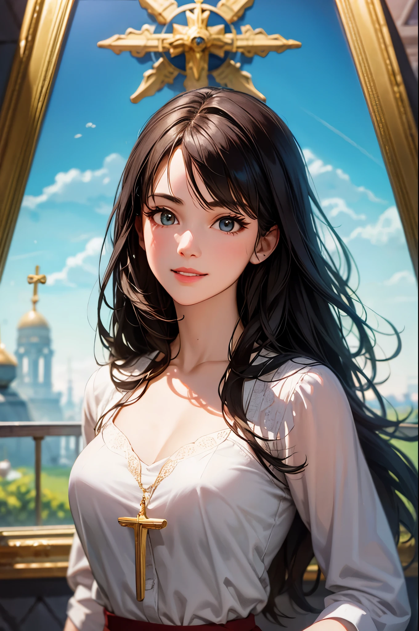 ((Biologically correct limb count))、(( Illustrations including faces))、4K、Masterpiece、((Focus on the face))、((Symmetrical, well-proportioned facial features))、Eyes with delicate depictions、Beautiful woman、Outstanding style、Slender Body、(shirt、High heels、((skirt)))、(Looking up、smile)、((Upper body close-up))、The background is the shrine grounds in the morning.、((Realistic photo))、profile、(((Religious paintings)))