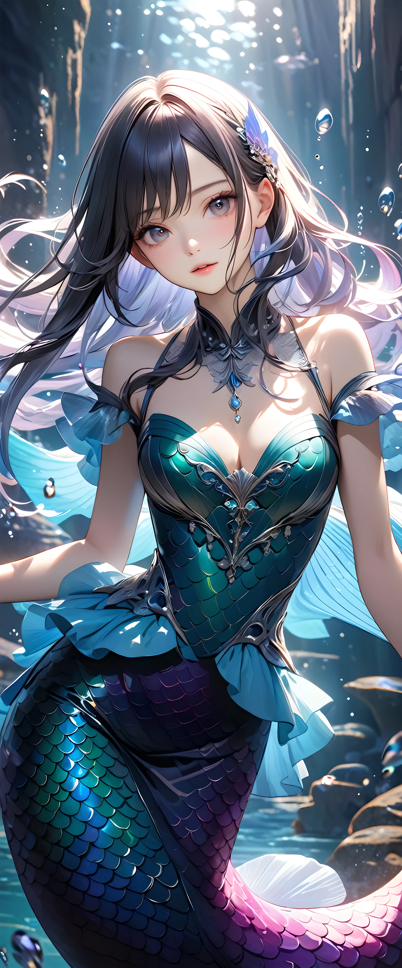 Anime girl in a mermaid costume sitting on a rock - SeaArt AI