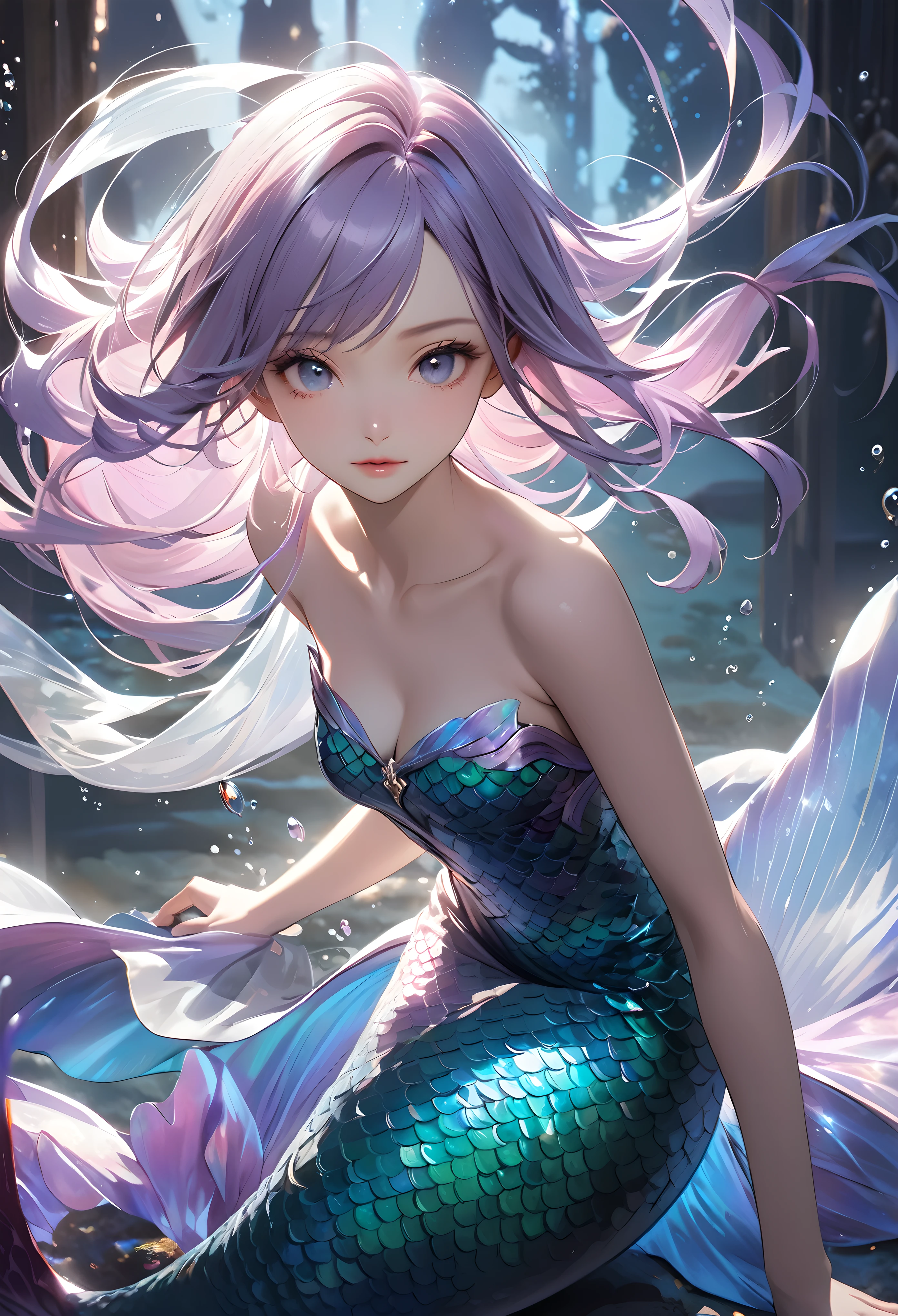 Mermaid，Mermaid，Mermaid女孩，Mermaid尾巴，Bodysuit style，Scale style，Underwater background，Underwater background，Seabed background，Coral shells background，Background in sea water，Pink and purple的鳞片，Pink hue，fin，身上长着fin，Girl with fish tail，Pink and purple，Powder blue scales，cute，cute，cute，crown