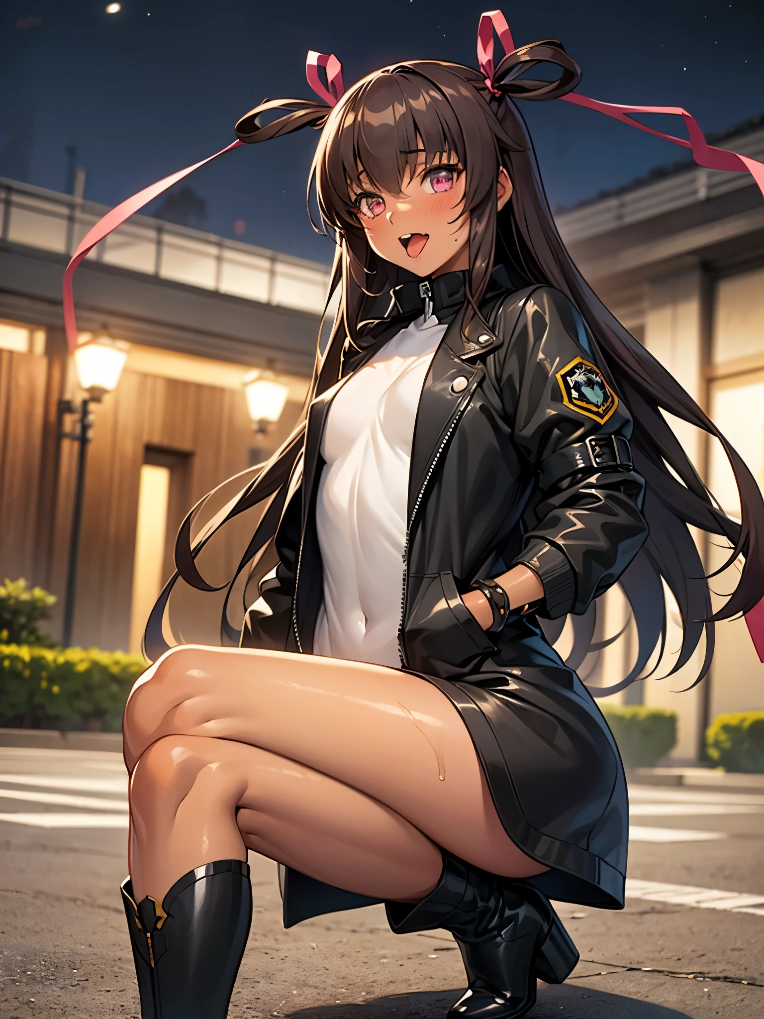 NSFW,1 girl,mizuki yukikaze,Hair Ribbon、Cropped jacket、Puff sleeves、See-throughレオタード、See-through、One Piece Tan、Elbow Gloves、Grey Gloves、Thigh-high boots,(Perfect hands),(Perfect Anatomy),(masterpiece),(highest quality),Embarrassed,blush,night,prison,restrained by chains,Open your mouth、Sticking out tongue,Crouching with legs apart