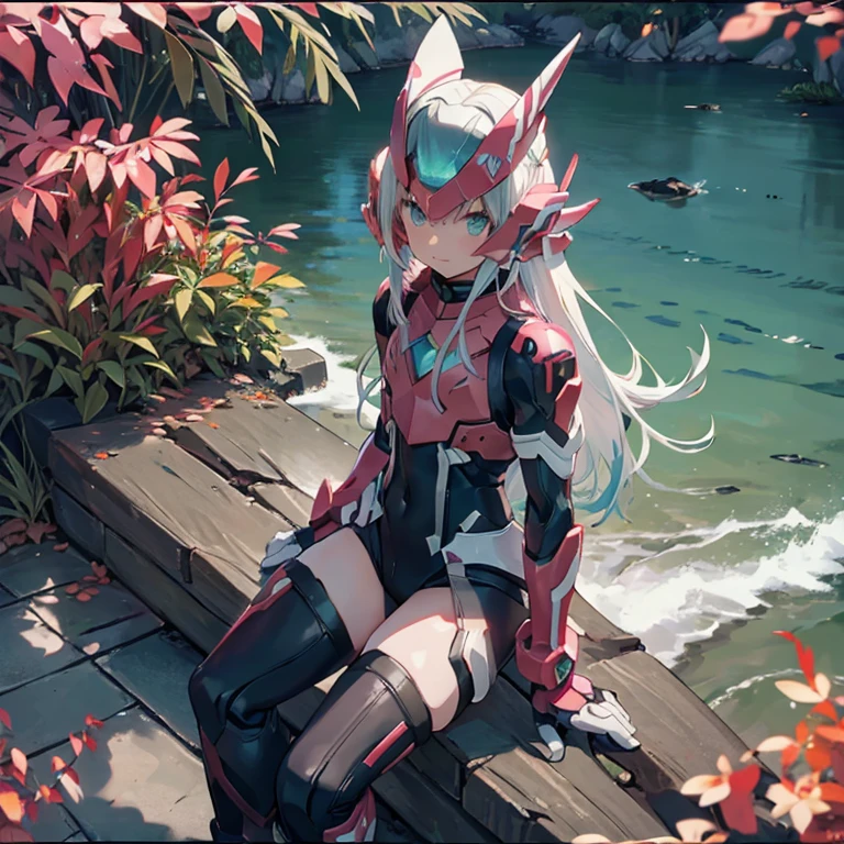 megzeromyth2023,1boy, long white hair, pink armor, scifi laser rifle, 8k, uhd, best quality, masterpiece, intricate, overlooking the ocean on the edge of a rock, in the style of avian-themed, realistic yet stylized, villagecore, azure, orange and azure, dragoncore, aerial view, axolotl humanoid, axolotl feelers, pink skin, axolotl mutant