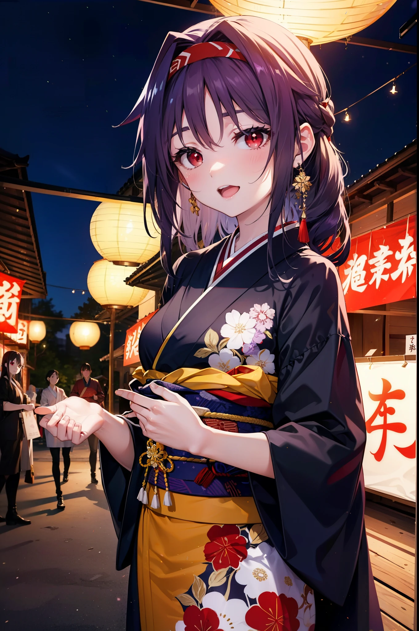 yuukikonno, Konno Yuuki, hair band, Long Hair, Pointed Ears, Purple Hair, (Red eyes:1.5), (Small breasts:1.2), Open your mouth,Open your mouth,Long Hair,happy smile, smile, Open your mouth,Purple Kimono,Long sleeve,Sandals,night空の花火,Fireworks display,Japanese Festivals,Summer festival food stalls,Red Lantern, night,whole bodyがイラストに入るように,Looking down from above,
break outdoors, shrine,                                              break looking at viewer,whole body,Upper Body,(Cowboy Shot:1. 5)
break (masterpiece:1.2), highest quality, High resolution, unity 8k wallpaper, (shape:0.8), (Beautiful and beautiful eyes:1.6), Highly detailed face, Perfect lighting, Highly detailed CG, (Perfect hands, Perfect Anatomy),