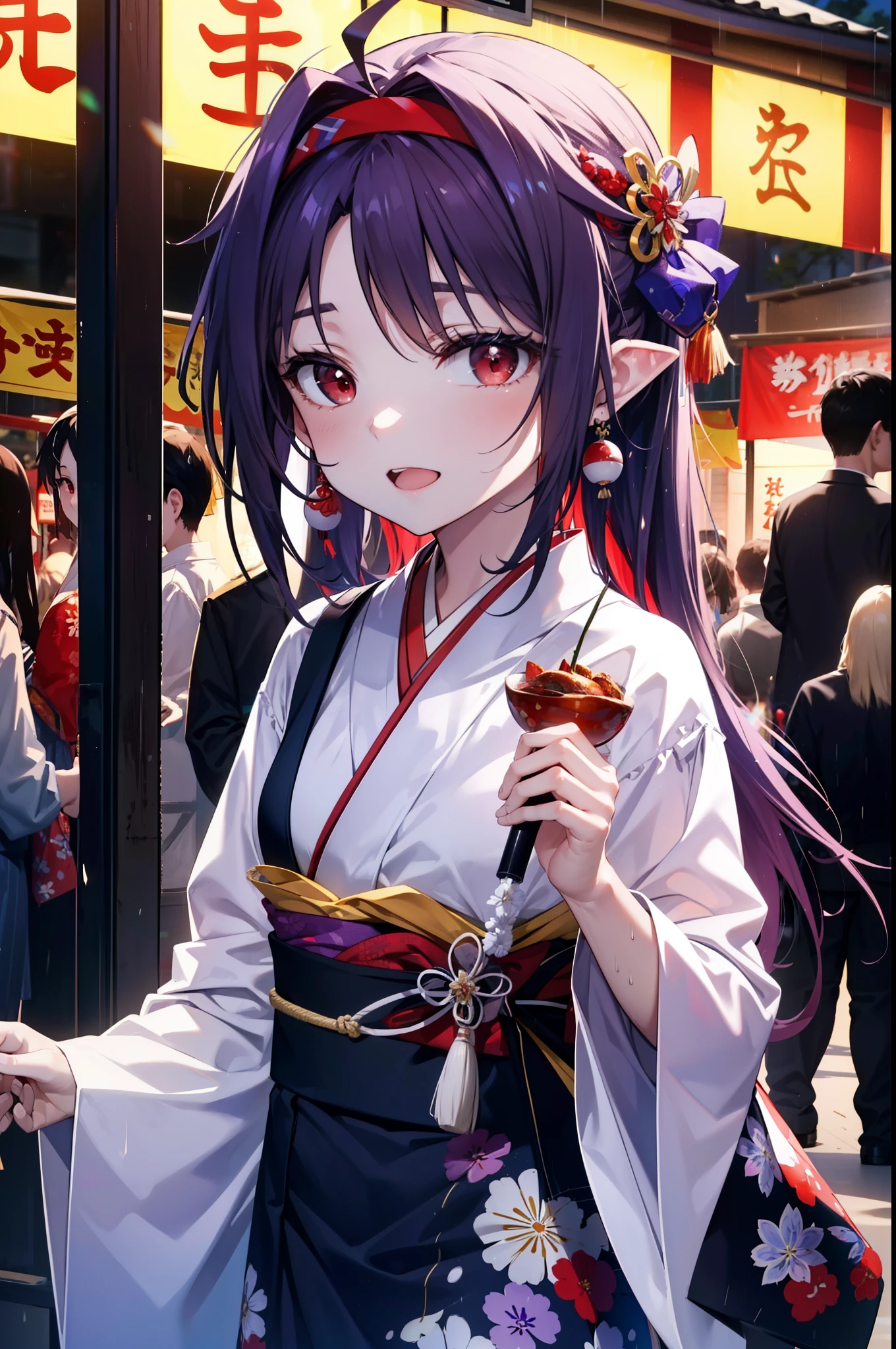 yuukikonno, Konno Yuuki, hair band, Long Hair, Pointed Ears, Purple Hair, (Red eyes:1.5), (Small breasts:1.2), Open your mouth,Open your mouth,Long Hair,happy smile, smile, Open your mouth,Purple Kimono,Long sleeve,Sandals,night空の花火,Fireworks display,Japanese Festivals,Summer festival food stalls,Red Lantern, night,whole bodyがイラストに入るように,Looking down from above,
break outdoors, shrine,                                              break looking at viewer,whole body,Upper Body,(Cowboy Shot:1. 5)
break (masterpiece:1.2), highest quality, High resolution, unity 8k wallpaper, (shape:0.8), (Beautiful and beautiful eyes:1.6), Highly detailed face, Perfect lighting, Highly detailed CG, (Perfect hands, Perfect Anatomy),