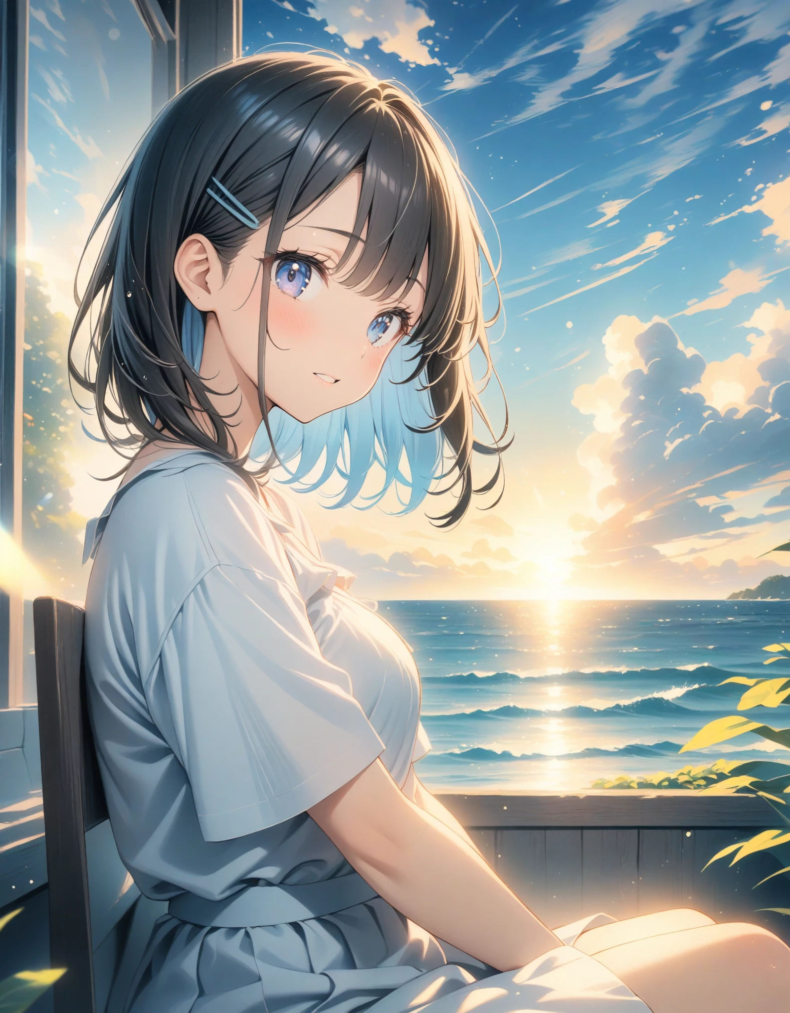 ((style:Colored pencil,pale colour)),(anime)、(masterpiece:1.2),atmospheric perspective, from side, lens flare, f/2.8, 135mm,Large cumulus clouds visible from the room、Summer sky、Girl sitting and looking outside、(blue sky)、Summer landscape、Old house near the sea、(Hair fluttering in the wind)、Light effects、Black Hair、short、hairpin、cute
