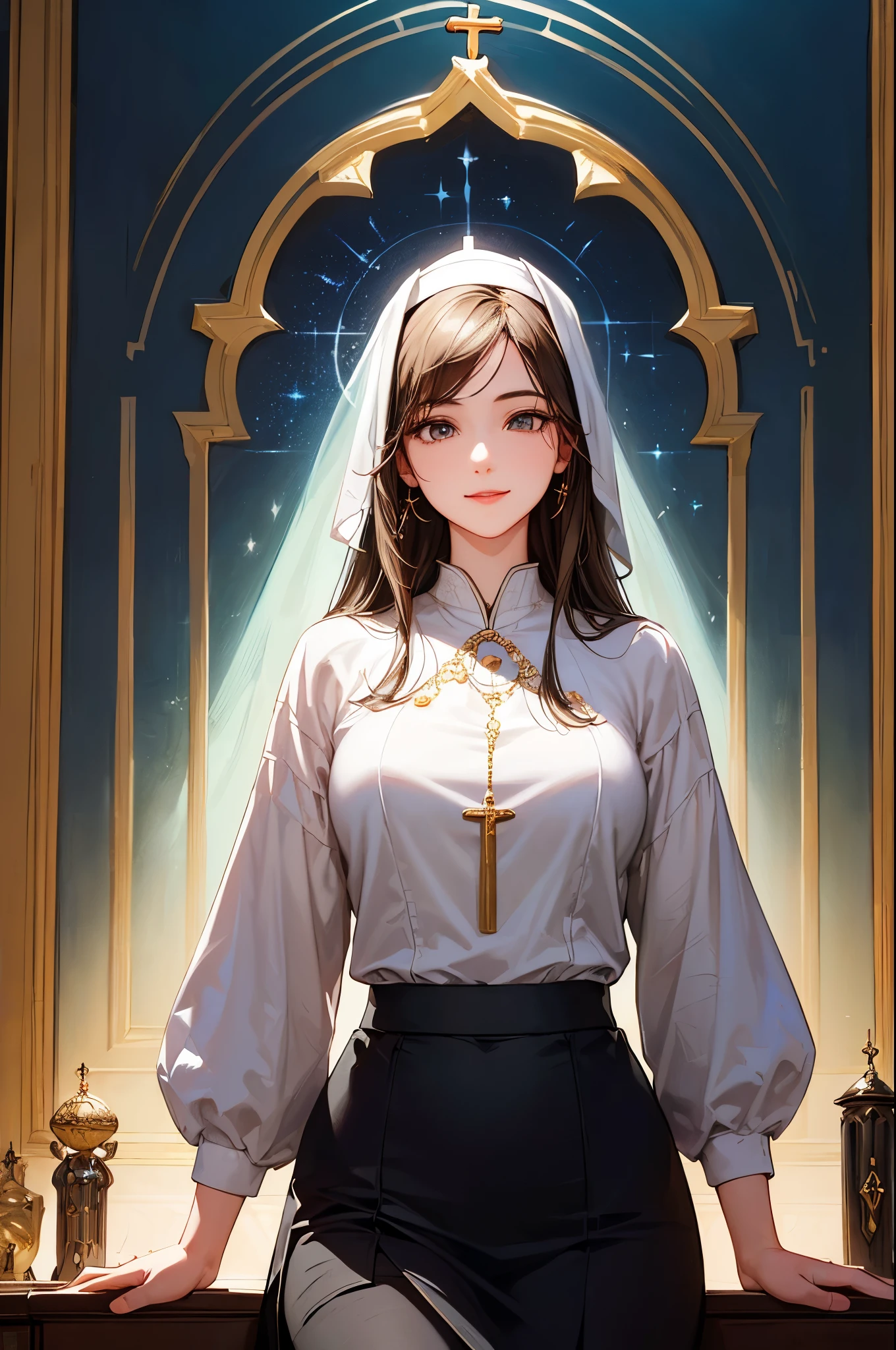 ((Biologically correct limb count))、(( Illustrations including faces))、4K、Masterpiece、((Focus on the face))、((Symmetrical, well-proportioned facial features))、Eyes with delicate depictions、Beautiful woman、Outstanding style、Slender Body、(shirt、High heels、((skirt)))、(Looking up、smile)、((Upper body close-up))、The background is the shrine grounds in the morning.、((Realistic photo))、profile、(((Religious paintings)))