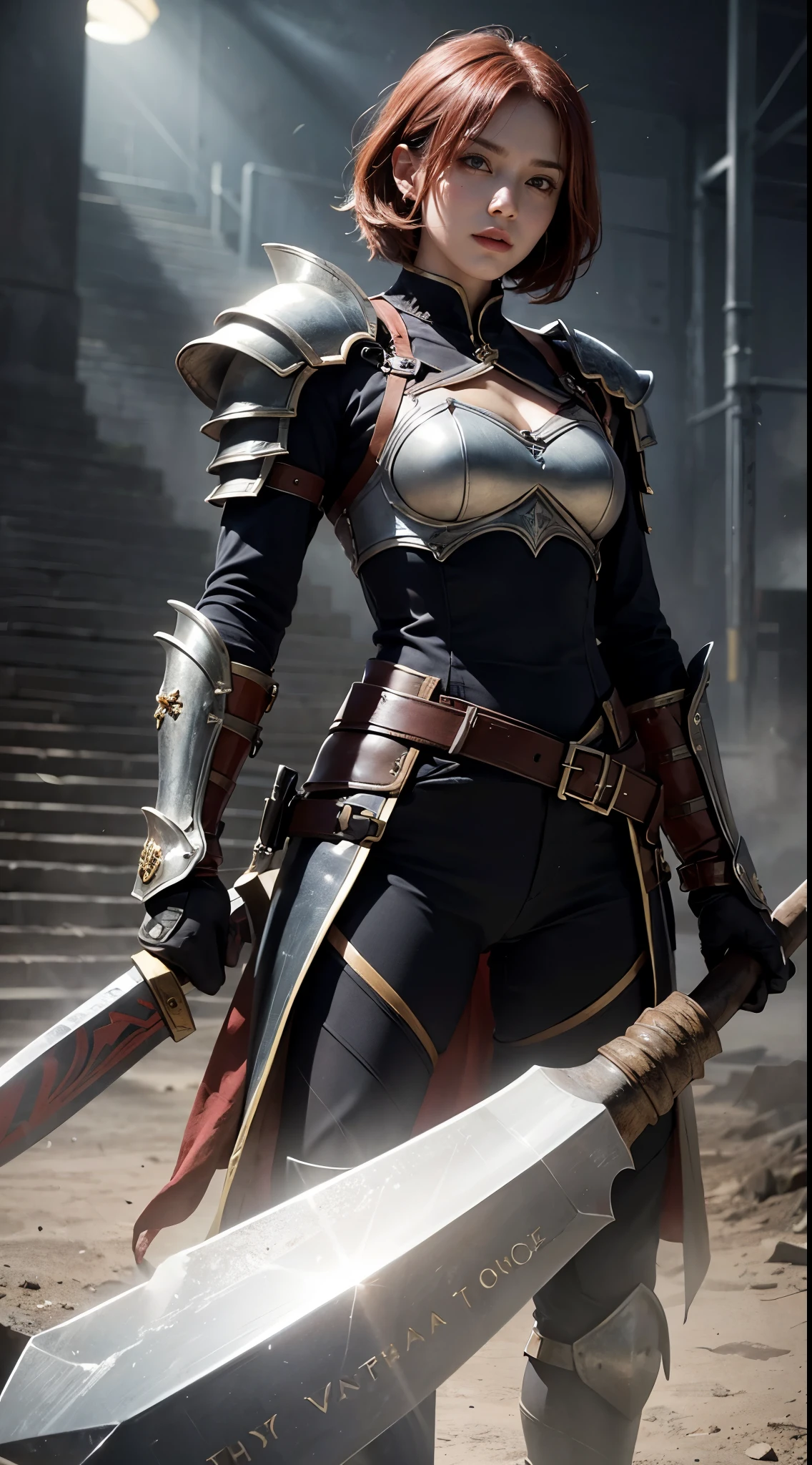 A solitary warrior in a suspicious arena setting, without the demon lord. The warrior, lightly armored and with a sly smile, wields a large, ornately decorated axe. They have short red hair. The background is a mysterious and ominous arena, with a sense of danger and suspense. The lighting is dim and dramatic, enhancing the warrior's intense and cunning appearance.