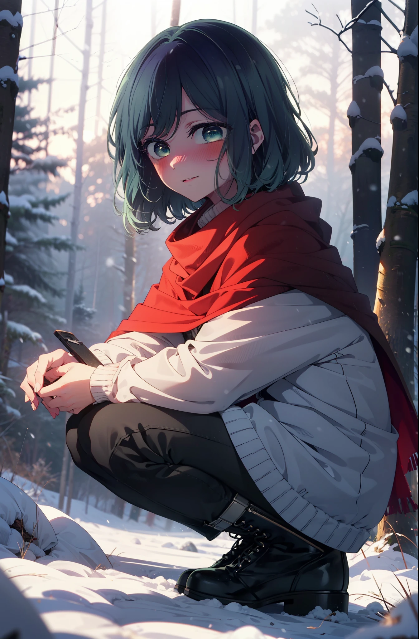 akanekurokawa, akane kurokawa, bangs, (Green Eyes:1.3), Blue Hair, Medium Hair, dark Blue Hair,smile,blush,White Breath,
Open your mouth,snow,Ground bonfire, Outdoor, boots, snowing, From the side, wood, suitcase, Cape, Blurred, , forest, White handbag, nature,  Squat, Mouth closed, Cape, winter, Written boundary depth, Black shoes, red Cape break looking at viewer, Upper Body, whole body, break Outdoor, forest, nature, break (masterpiece:1.2), highest quality, High resolution, unity 8k wallpaper, (shape:0.8), (Beautiful and beautiful eyes:1.6), Highly detailed face, Perfect lighting, Extremely detailed CG, (Perfect hands, Perfect Anatomy),