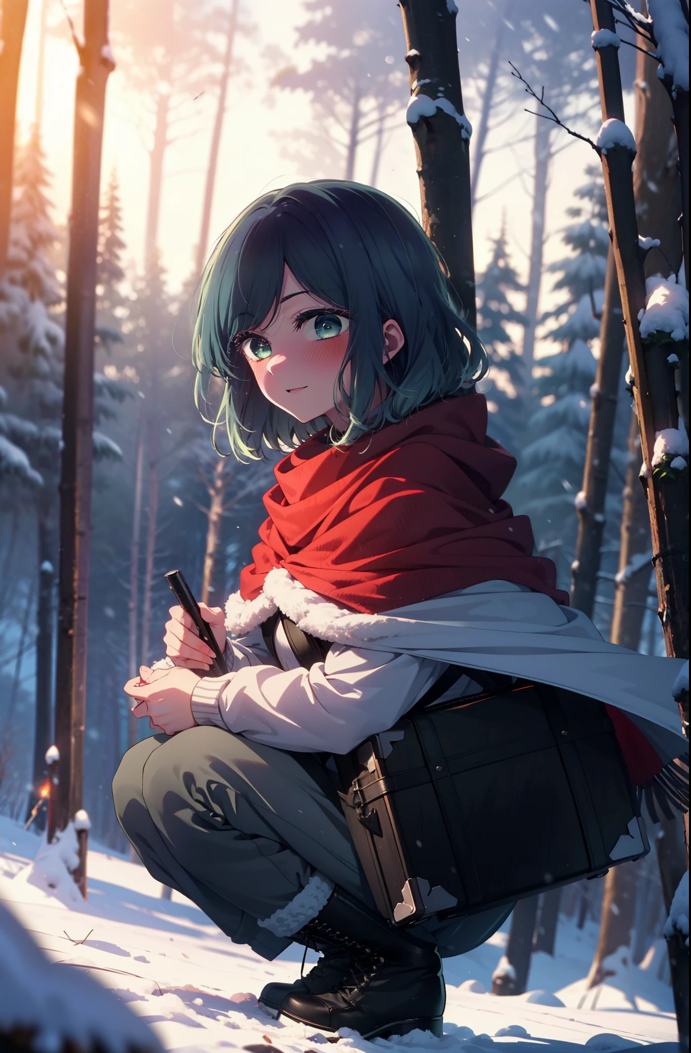 akanekurokawa, akane kurokawa, bangs, (Green Eyes:1.3), Blue Hair, Medium Hair, dark Blue Hair,smile,blush,White Breath,
Open your mouth,snow,Ground bonfire, Outdoor, boots, snowing, From the side, wood, suitcase, Cape, Blurred, , forest, White handbag, nature,  Squat, Mouth closed, Cape, winter, Written boundary depth, Black shoes, red Cape break looking at viewer, Upper Body, whole body, break Outdoor, forest, nature, break (masterpiece:1.2), highest quality, High resolution, unity 8k wallpaper, (shape:0.8), (Beautiful and beautiful eyes:1.6), Highly detailed face, Perfect lighting, Extremely detailed CG, (Perfect hands, Perfect Anatomy),