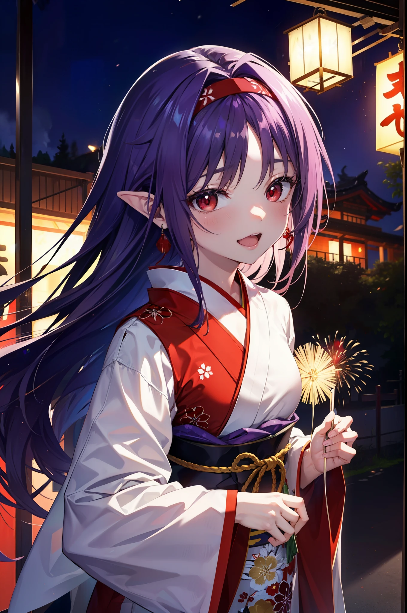 yuukikonno, Konno Yuuki, hair band, Long Hair, Pointed Ears, Purple Hair, (Red eyes:1.5), (Small breasts:1.2), Open your mouth,Open your mouth,Long Hair,happy smile, smile, Open your mouth,Purple Kimono,Long sleeve,Sandals,night空の花火,Fireworks display,Japanese Festivals,Summer festival food stalls,Red Lantern, night,whole bodyがイラストに入るように,Looking down from above,
break outdoors, shrine,                                              break looking at viewer,whole body,Upper Body,(Cowboy Shot:1. 5)
break (masterpiece:1.2), highest quality, High resolution, unity 8k wallpaper, (shape:0.8), (Beautiful and beautiful eyes:1.6), Highly detailed face, Perfect lighting, Highly detailed CG, (Perfect hands, Perfect Anatomy),