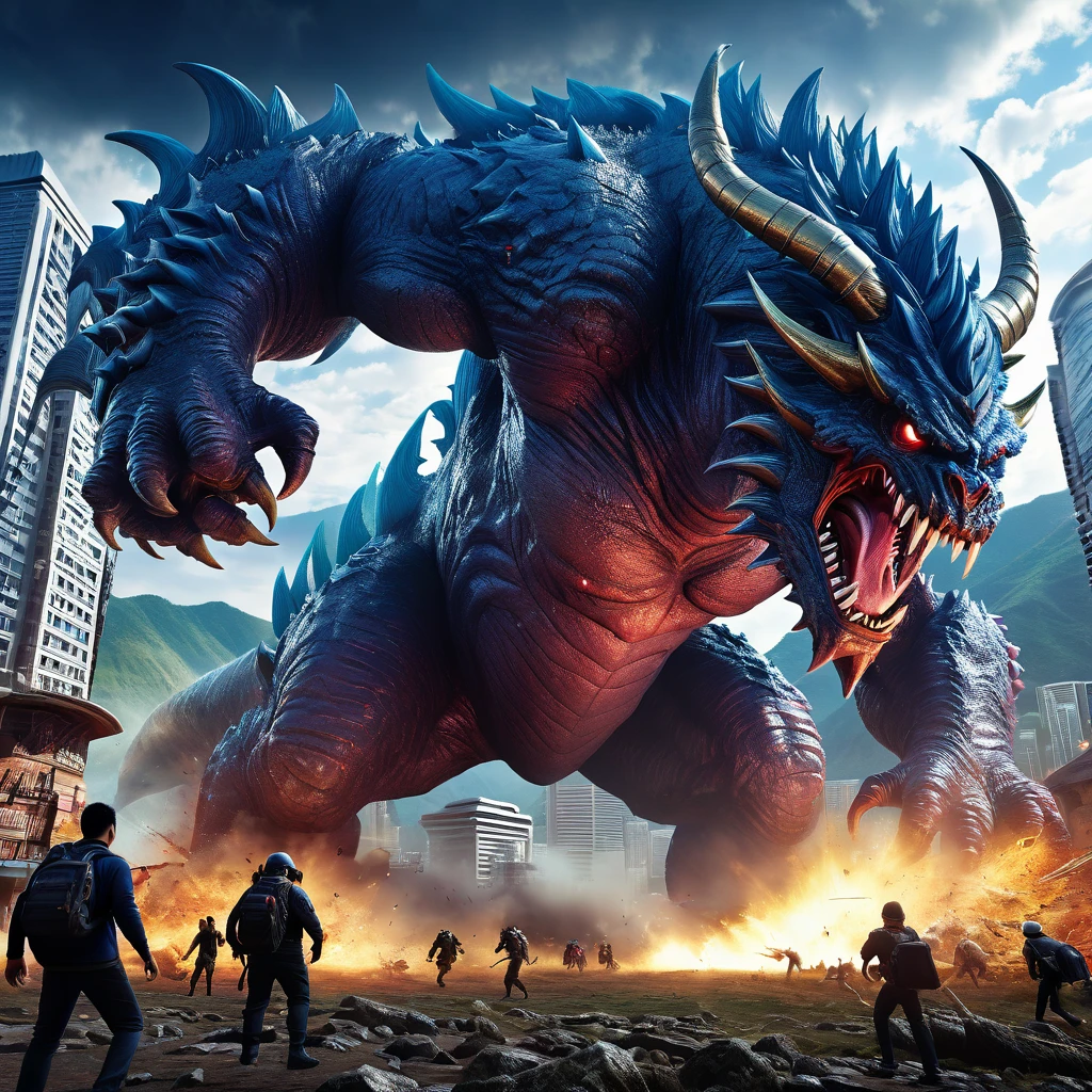 (8K, best quality, masterpiece), Super Detail, (High Detail皮肤),Monsters invade Earth, A huge monster's head popped out from the sky, Angry expression, open mouth., The surface is full of dilapidated buildings and rivers, The sea invades the city, Exquisite image quality, The intricate details of the error., Immersive Experience, Ghibli style, Wide-angle lens shooting, Falling from the sky, of the lens, Huge pictures, best quality, High Detail, HD, 16K,