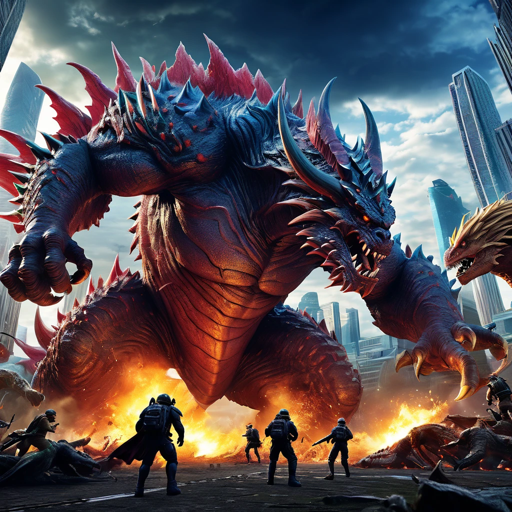 artwork depicting a colossal Kaiju rampaging through a bustling cityscape at night. The Kaiju should be depicted as significantly larger than the buildings, towering over the skyscrapers and causing widespread chaos. Emphasize the fine details of the Kaiju’s texture, such as its scales or armor, and show it being charged with a vibrant blue light, which could be emanating from its body or an external source.
The city should be illuminated with neon lights, creating a stark contrast against the dark, smoky night sky. Show cars burning and overturned, with flames and fire spreading across the streets. Depict people running in panic, with detailed expressions of fear and urgency. Include smoke billowing from both the fires and the cityscape, adding a layer of atmospheric tension.
Capture the scene with hyper-focus on the fine details, including reflections of the neon lights on wet surfaces, the intricate design of the Kaiju, and the intense contrast between the blue light and the surrounding chaos. The composition should vividly illustrate the scale of the Kaiju and the destructive impact it has on the city, with an emphasis on dynamic lighting and smoke effects., creating a sense of awe and tension. 8K, extremely detailed, intricate details, photorealistic, masterpiece, cinematic lighting, dynamic composition, muted color palette, moody atmosphere, dramatic shadows, awe-inspiring scale, kaiju with expressive faces, maid uniform with delicate lace and ribbons, lair with intricate architecture and advanced technology, cityscape in the background with skyscrapers and landmarks