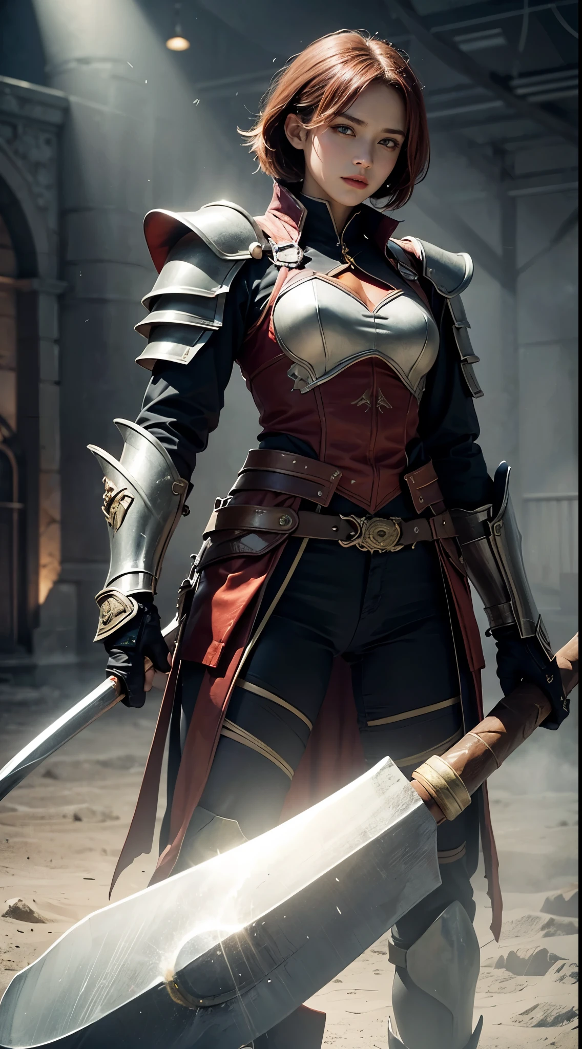 A solitary warrior in a suspicious arena setting, without the demon lord. The warrior, lightly armored and with a sly smile, wields a large, ornately decorated axe. They have short red hair. The background is a mysterious and ominous arena, with a sense of danger and suspense. The lighting is dim and dramatic, enhancing the warrior's intense and cunning appearance.