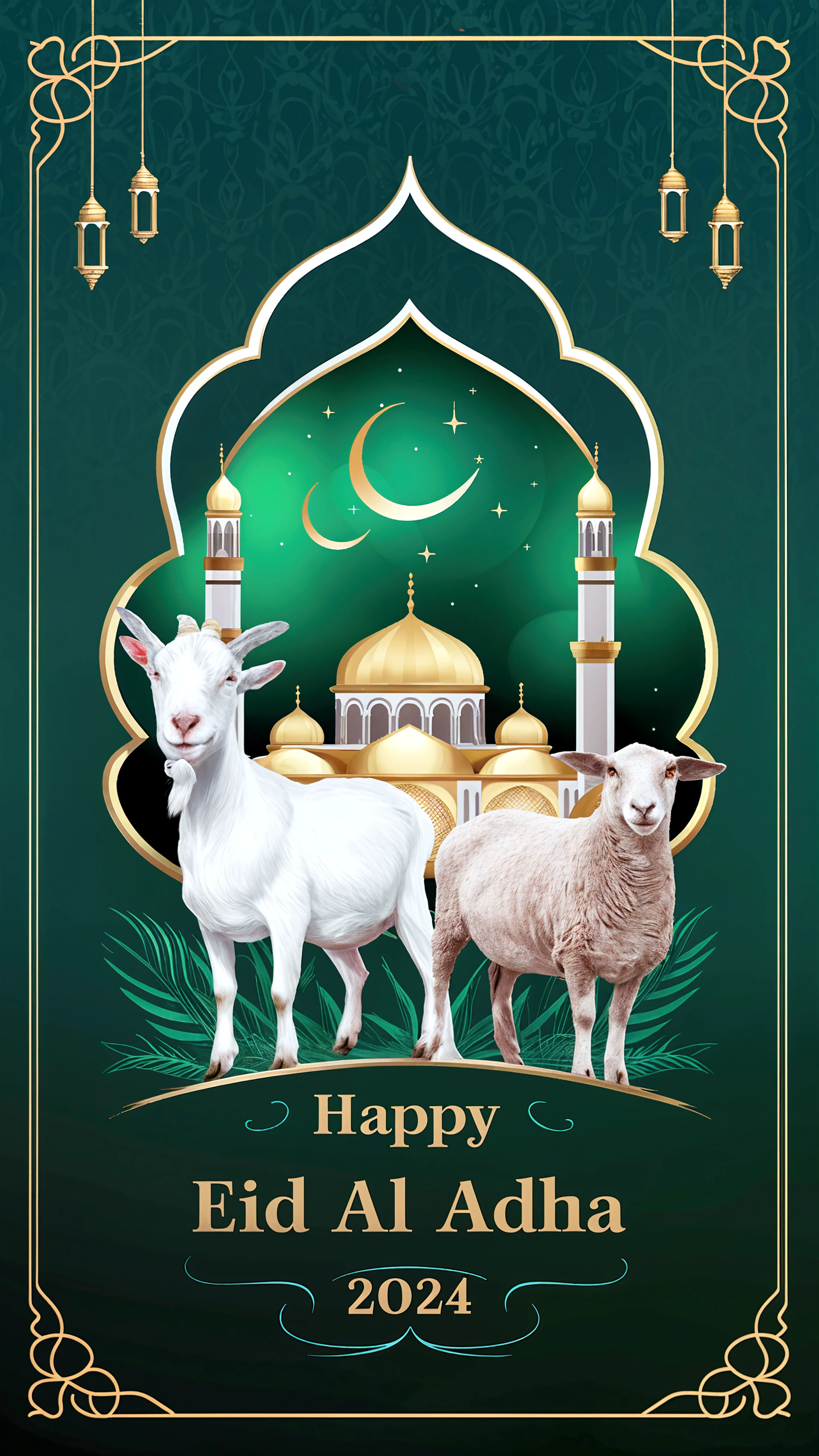 Eid al-Adha，Indonesian people leading sheep，Green lawn, moon，mosque，Light starry sky background, Flat illustration style，animal, Adopts 2D game art style, Fresh and healing, editorial illustration, Zeiss Batis 18mm f/2.0/2.8