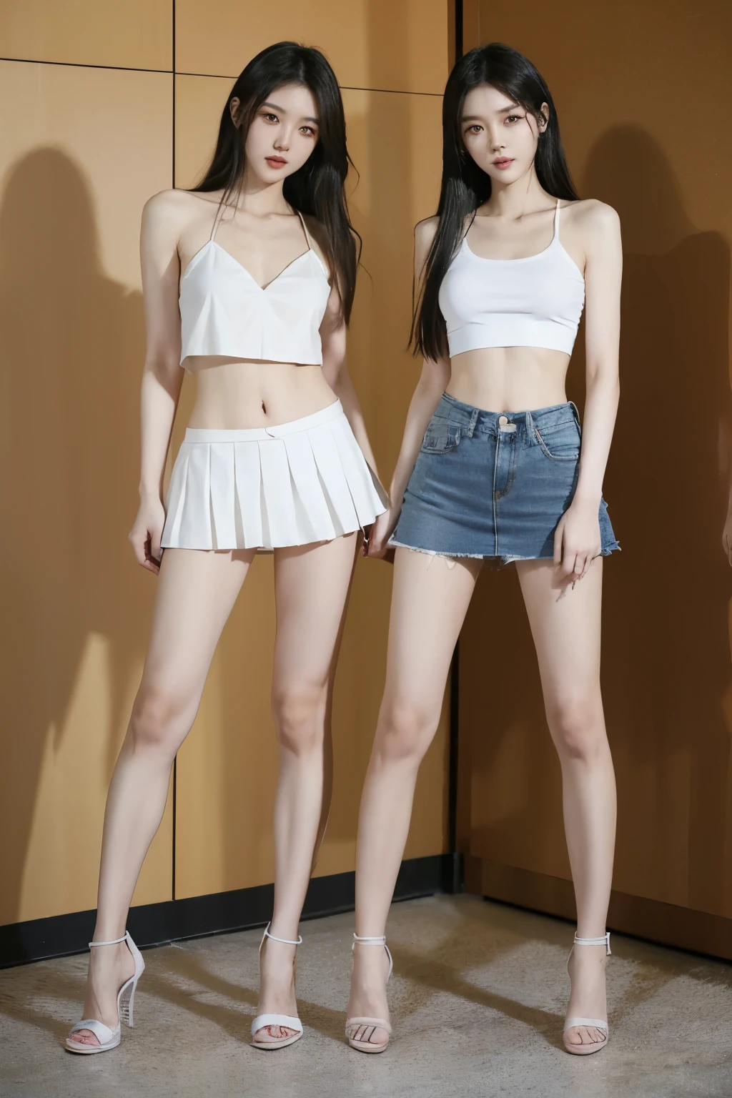 (highest quality,  8K masterpiece: 1.3), concentrated: 1.2,((((Both of them stand with their legs apart)))),(((Both of them have an inseam that is more than half their height.))),((Bare legs)),((Both of them are extremely slim))，((They both have super slim legs)),((2人ともアジア人離れした超tall)),((They are both the same height)),((Two beauties with perfect supermodel style: 1.2)), Super thin waist: 1.2, Thin buttocks,Open the navel,完璧なSuper thin thighs: 1.2),(((Both of them have amazingly slim figures.))),((Denim micro mini skirt)),Highly detailed face and skin texture,Symmetrical face, Beautiful Eyes, Beautiful Face,balanced eyes, White skinned asian, Ultra-Realistic Details,((Slender Asian Girl)),((K-Pop Idols)), Natural Shadows,(((((Both of them take full body shots: 1.8))))),(Very small hips),Large firm breasts, Super long thighs,(Super thin thighs),(Super slim calves),((Small Ass)),Super muscular body,Super toned waist,More emphasis on the abdominal muscles，((Both of them are muscular and have clearly defined six pack abs.)),Super thin waist,((White high heels)),(tall),(((Both of them are extremely exposed.))),lengthen limbs,((Standing on the sidewalk in Ginza, Tokyo)),(White short mini camisole),Hands on hips,Both of them face forward，(((Both of you should face your whole body straight ahead.))),Super long arms,Thin hands,(Long black hair),((Both of them stand up straight.)),(Keep your hips facing forward),Both of them are beautiful with a 9-head body proportion.,Very thin ankles,The arms are very slender and muscular,The legs are super slender and muscular,Make your arms thinner,Super slim and muscular legs,Both of them have super long legs.,The middle of the thighs are very thin,Super muscular and extremely slim calves,Super muscular and slim thighs,Very tight waist,(Both of them have an inseam that is more than half their height.の美脚),Extremely thin thighs,Fine skin,Firm skin,(((Both of them should fit from the top of their heads to the toes of their heels.))),(((Both of them have super slim legs))),Both of them have super slim and muscular legs.,((Sunny afternoon)),(Bright outdoors),Midsummer,((Low - Angle)), ((Wide open abdomen)),information