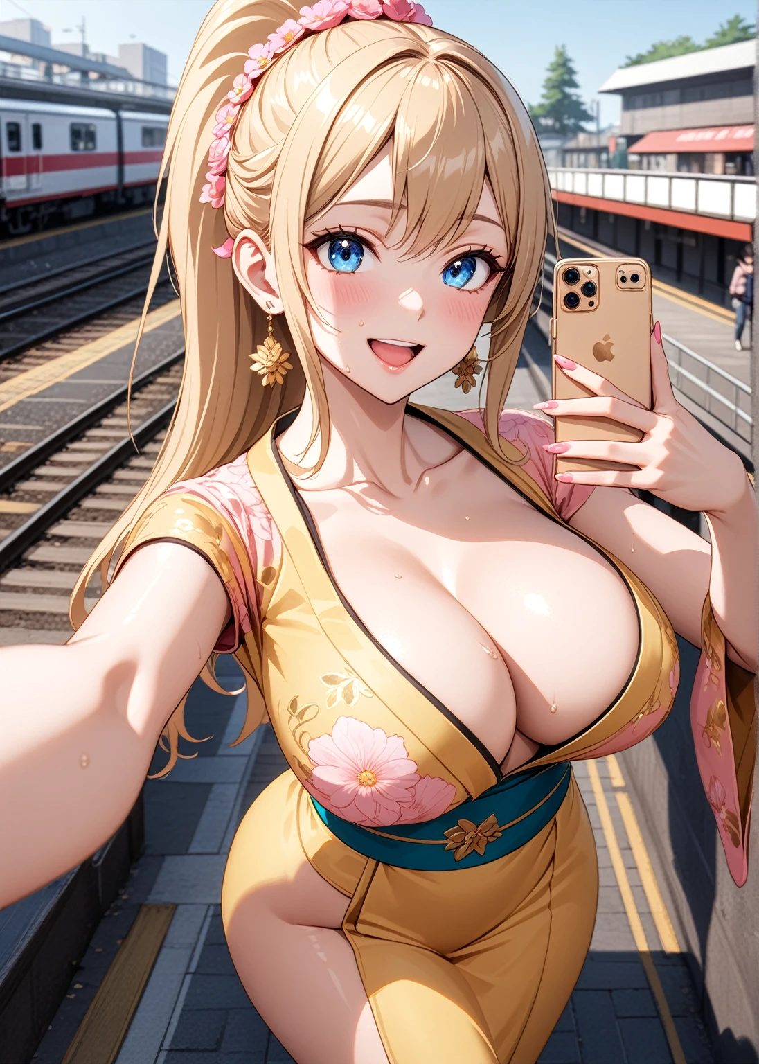 ((One woman)), Beautiful Face,Laughing embarrassedly,(Taking a selfie with your smartphone),Sweat on the face,Glossy pink lips,Daytime,Meet at the station platform, ((Anime style background)),masterpiece, highest quality, so beautiful, up to date, Complex details, (Pink long nails),AI-generated, Complex,High resolution, highest quality, super high quality,3D Images、View the viewers、3D Images,one person,Long Blonde Hair,High Ponytail,blue eyes,Anime woman posing for a photo, [[Fine grain、Colorful eyes、Shining Eyes:1.15]],a hyperRealistic , hyperRealistic , Realistic,Blonde anime woman with long hair, Smooth anime CG art, A woman in a gold embroidered kimono, (Yellow kimono),Pink floral pattern,Long flower hair ornament,Big earrings,(Large Breasts:1.2),Mature Body,tall,Big Ass,Fine details,Narrow waist,Six-pack,Photographed from diagonally above,looking at the camera
