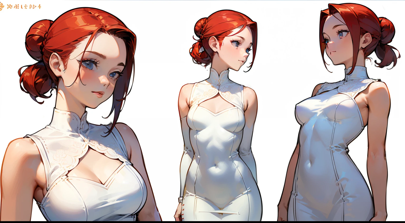 ((highest quality)), ((masterpiece)), ((Realistic)) 19 years old, Redhead girl, Armpit hair, Relaxed happy face ((thin)) (Big Breasts), ((( white bodycon dress))) ((Sexy Dress))Bun hairstyle, (((Detailed character sheet, Front view, Side view, 3/4 Views))) (((White Background))) Six and a half whole bodies